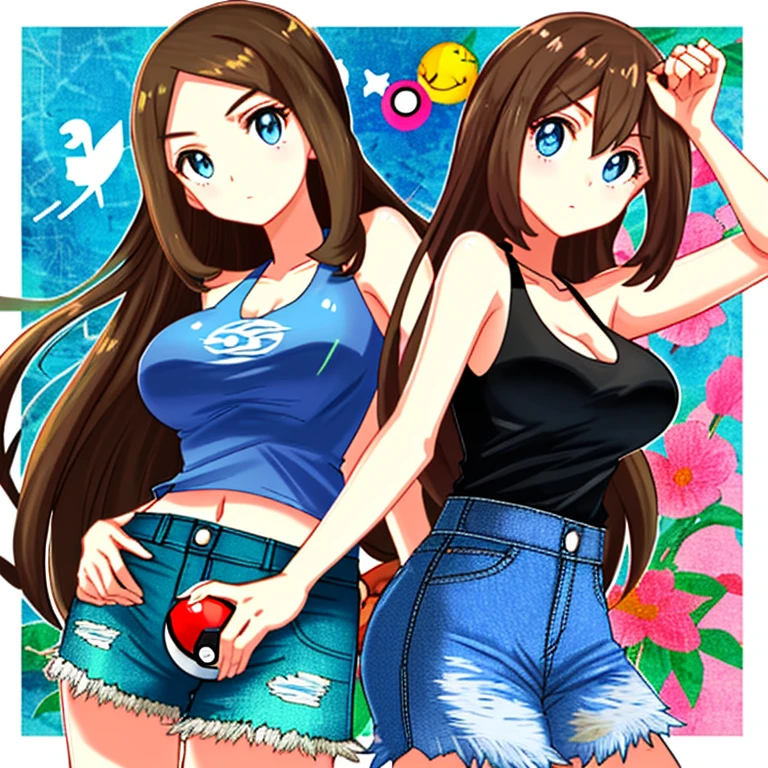Pokémon、beautiful girl、long brown hair、big breasts、perfect style、long eyes、blue eyes、Border pattern halter neck camisole、denim mini skirt、poke ball