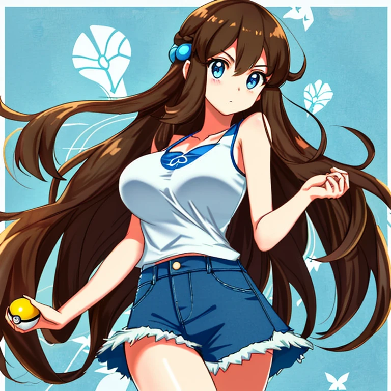 Pokémon、beautiful girl、long brown hair、big breasts、perfect style、long eyes、blue eyes、Border pattern halter neck camisole、denim mini skirt、poke ball