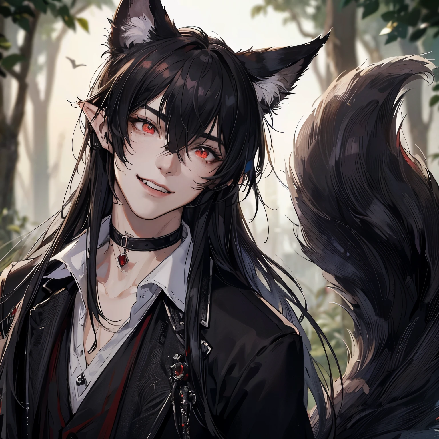 Boy with cat ears, 18 years old, ((black fox tail)), ((vampire teeth)), ((highest quality, masterpiece, 4k, finely detailed, detailed eyes, detailed face, intricate details)), warm lighting, idol, super idol, super model ((solo)), 1 male, (handsome, masculine, adult man, broad shoulders), ((black hair, messy hair, long hair, bangs)), light skin, sharp features, (elf ears), (medieval clothes)), (black cat ears)), ((sharp eyes, red eye color, Sadistic smile expression, looking at viewer)), (florest with tree background)), ((day))