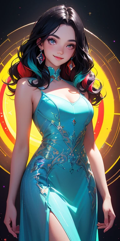 (black hair,colorful fluorescence multicolored hair:1.5,wavy hair:1.5), (masterpiece, sidelights, exquisite beautiful eyes: 1.5), masterpiece*portrait, realistic, ((Colorful background of different colors:1.5)),(Gentle face:1.5),colorful,3D face,(cute face),front view: 1.6、 (glowing red eyes:1.2),(tareme:1.5)、(cute smile:1.5),,Slim Body, shiny hair, shiny skin: 1.5、medium breasts,、solo,(stand)、(long dress:1.5)、(charactor focus:1.5、portlate、eye focus,cowboy shot)、bright atmosphere,intricatedetails