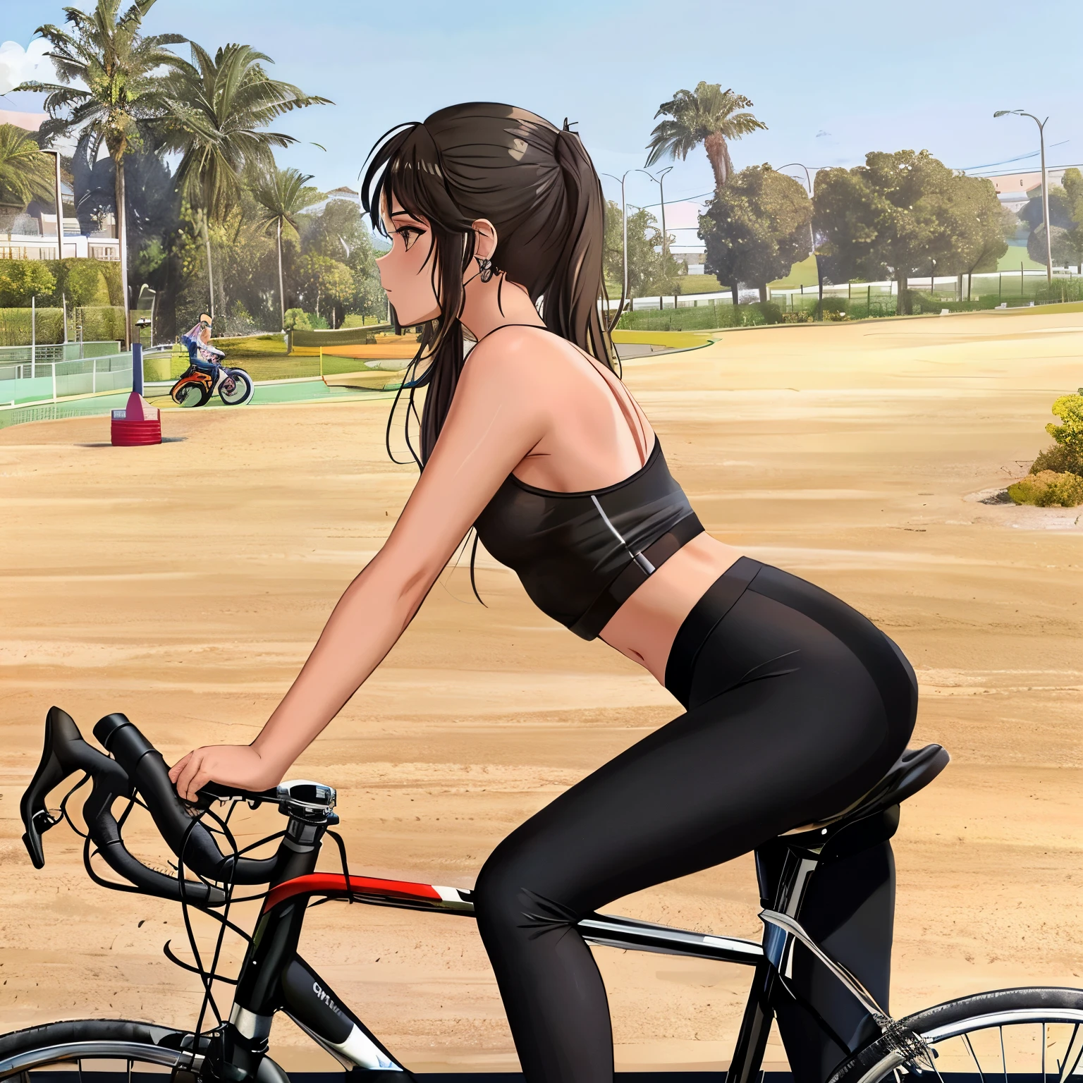 arafed woman in a sports bra top cavalgando a bike, motociclista, cavalgando a bike, anda de bicicleta, esportivo, cavalgando, ciclismo!!, vestindo roupas pretas justas, Victoria Siemer, imagem de perfil, Dua Lipa, bicicleta, ao ar livre, Kendall Jenner, Emily Ratajkowski, ameera al taweel bronzeada, 🚿🗝📝, ajustar