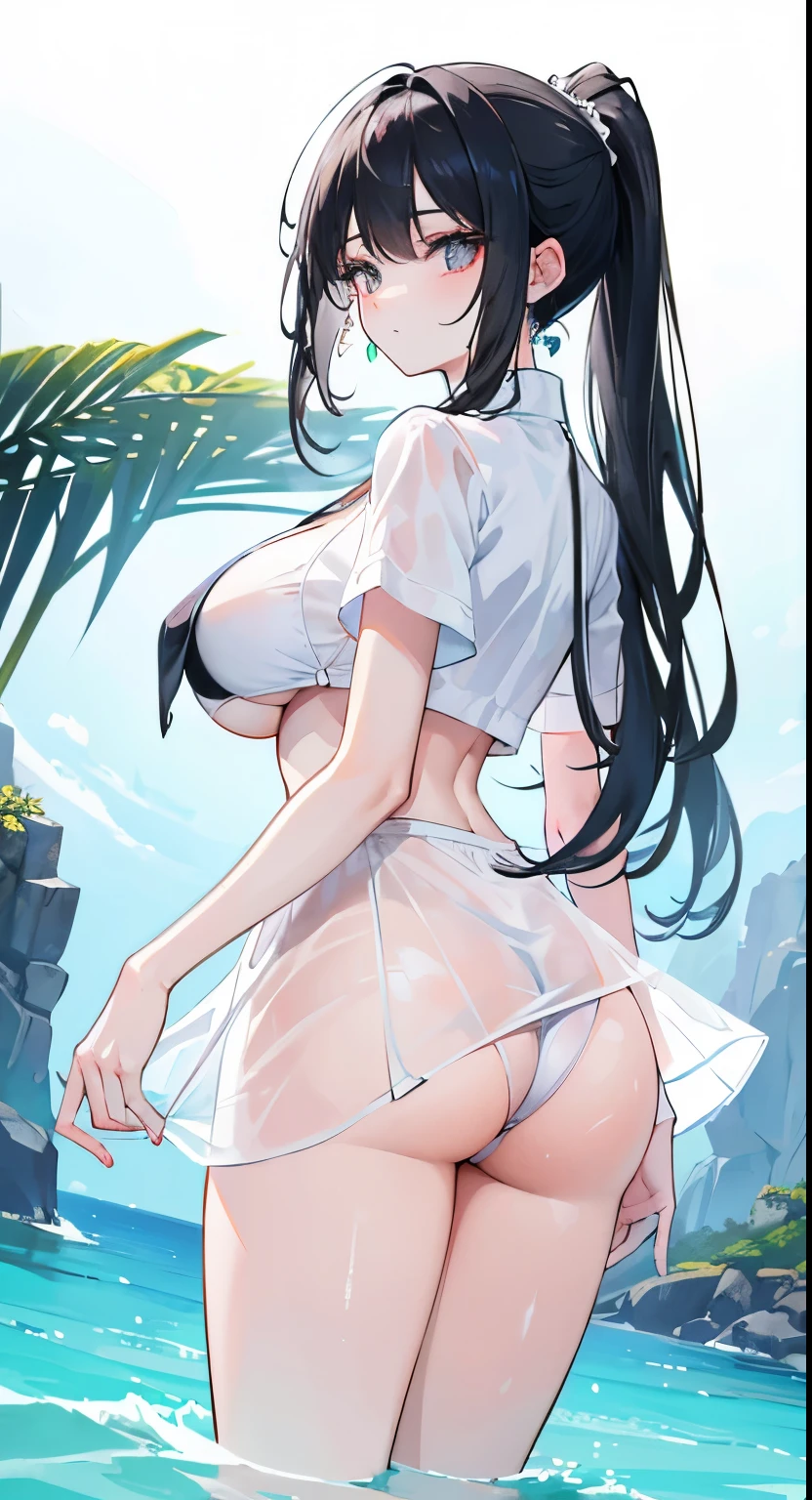 1 girl（masterpiece，top quality，best quality，official art，Beauty and aesthetics：1.2），black hair，long hair，body facing away，ponytail，big sister，tall figure，enchanted，enchanting，Flushed complexion，Very, very big，super gigantic breasts，breasts bigger than head，Navel exposed，Cocked buttocks，Show your waist，white bikini，Water-soaked white transparent skirt