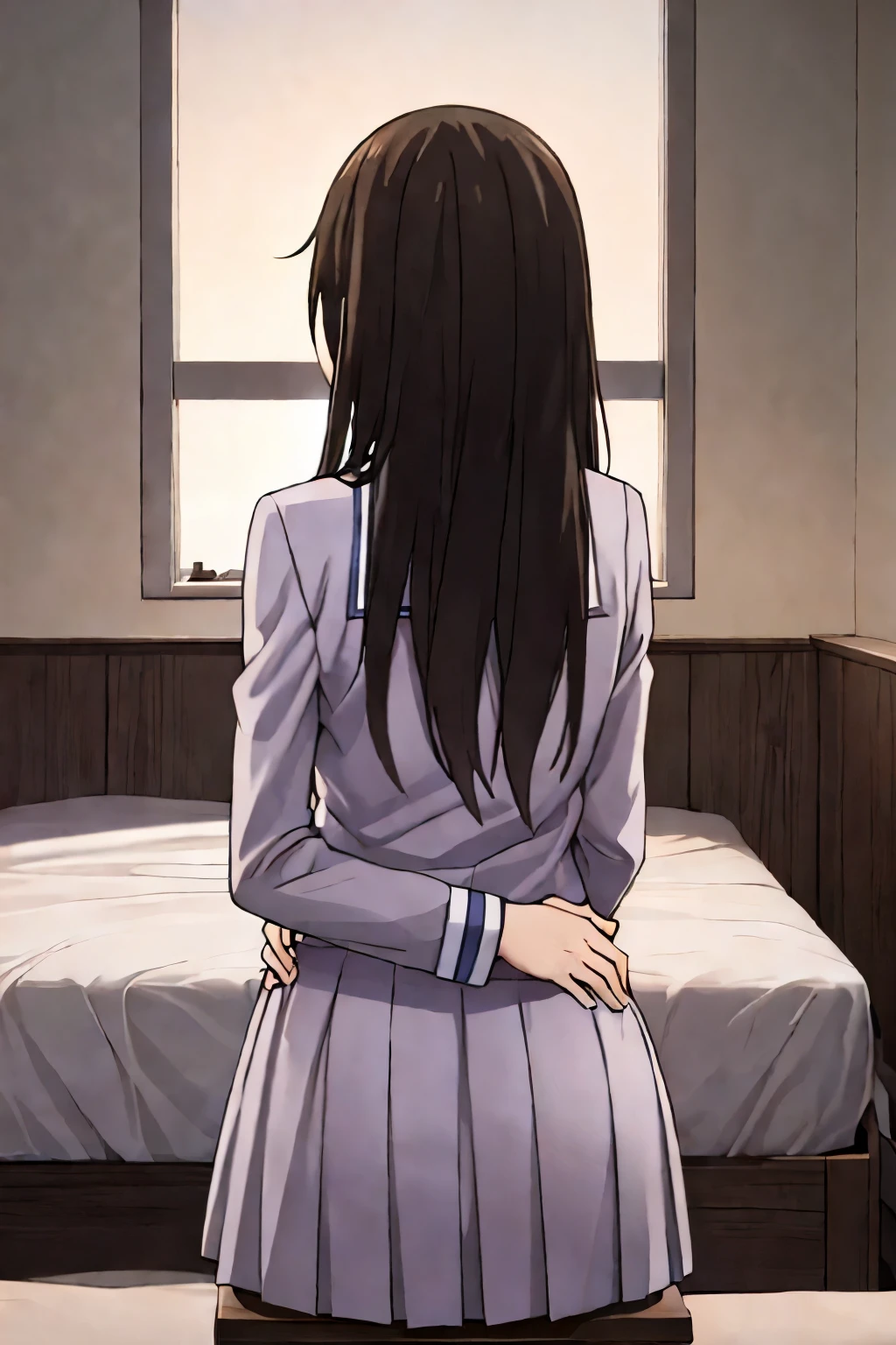 masterpiece:1.6, best quality), finely detailed beautiful eyes: 1.2), colorful, 1girl, worried eyes, school uniform, black hair, sit on bed, bedroom, indoors, perfect anatomy, couple, 1boy, boy is behind girl, buzzcut, brown eyes, school uniform,breast grope from behind, boy caressing girl's chest , hug, hug back, hug from behind,breastgrope from behind, breastgrope from behind, 