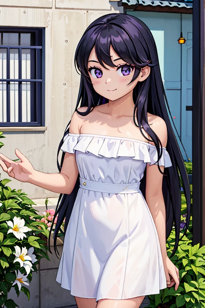 Rei_Hino, 1 girl, solo, Best quality, masterpiece, High Definition, Teenager, Purple Eyes, Beautiful Detail Eyes, Black Hair, Long Hair, Good hands, Smile, Blushing, Bare Neck, Bare Arms, Bare Shoulders, White Ruffle Off-the-Shoulder Top, White Strapless Off-the-shoulder Dress, White Dress, Long maxi dress, standing near to a garden house Background,