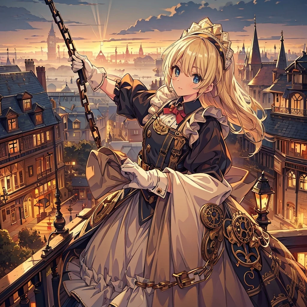 (masterpiece), best quality, expressive eyes, perfect face, ((perfect anatomy, best hands)), 1girl, (solo:1.5), a maid in steampunk style on the top of stairs, fighting stance holding a mop and bucket , (mop, bucket, blond, gear,dial, boots, (white_apron:1.3),(maid headdress:1.3), black_dress,steampunk, gloves, belt puch, boots, suspenders, chain), (outdoors:1.5),London,street,Victorian era,(fog:1.5,steam:1),orange_sky,city view,(from_above:1),VictorianPunkAI