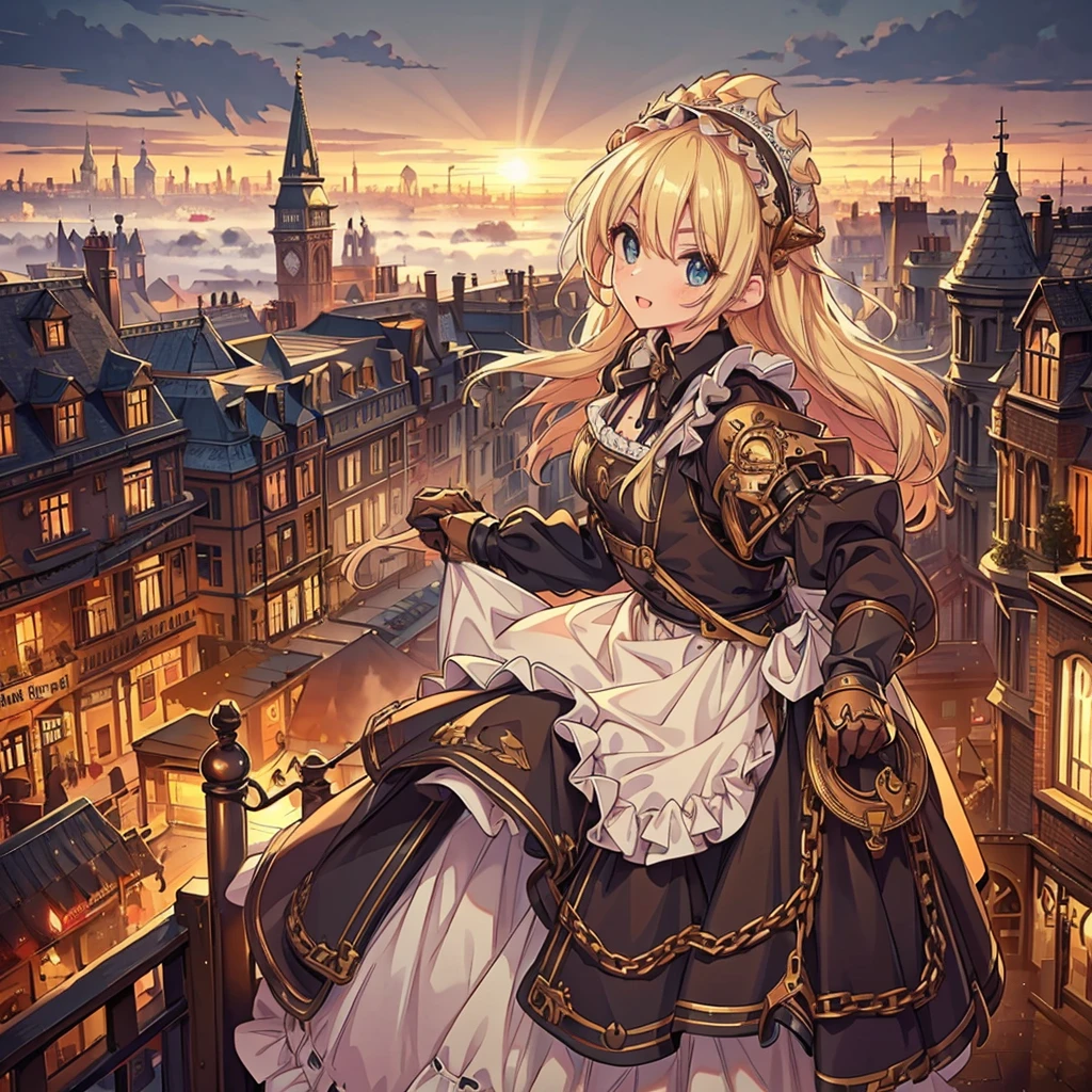 (masterpiece), best quality, expressive eyes, perfect face, ((perfect anatomy, best hands)), 1girl, (solo:1.5), a maid in steampunk style on the top of stairs, fighting stance holding a mop and bucket , (mop, bucket, blond, gear,dial, boots, (white_apron:1.3),(maid headdress:1.3), black_dress,steampunk, gloves, belt puch, boots, suspenders, chain), (outdoors:1.5),London,street,Victorian era,(fog:1.5,steam:1),orange_sky,city view,(from_above:1),VictorianPunkAI