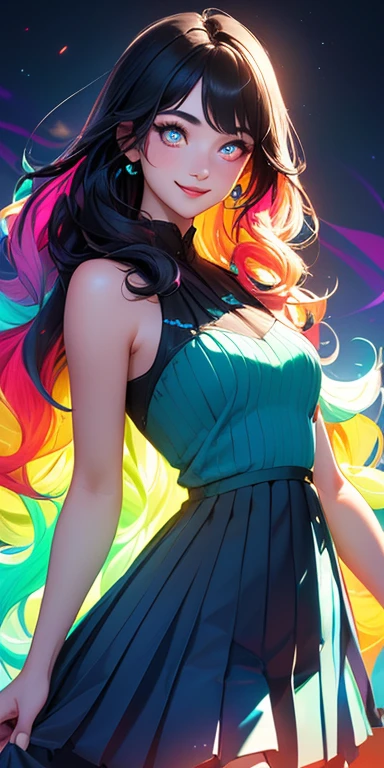 (black hair,colorful fluorescence multicolored hair:1.5,wavy hair:1.5), (masterpiece, sidelights, exquisite beautiful eyes: 1.5), masterpiece*portrait, realistic, ((Colorful background of different colors:1.5)),(Gentle face:1.5),colorful,3D face,(cute face),front view: 1.6、 (glowing red eyes:1.2),(tareme:1.5)、(cute smile:1.5),,Slim Body, shiny hair, shiny skin: 1.5、medium breasts,、solo,(stand)、(pleated dress:1.5)、(charactor focus:1.5、portlate、eye focus,cowboy shot)、bright atmosphere,intricatedetails