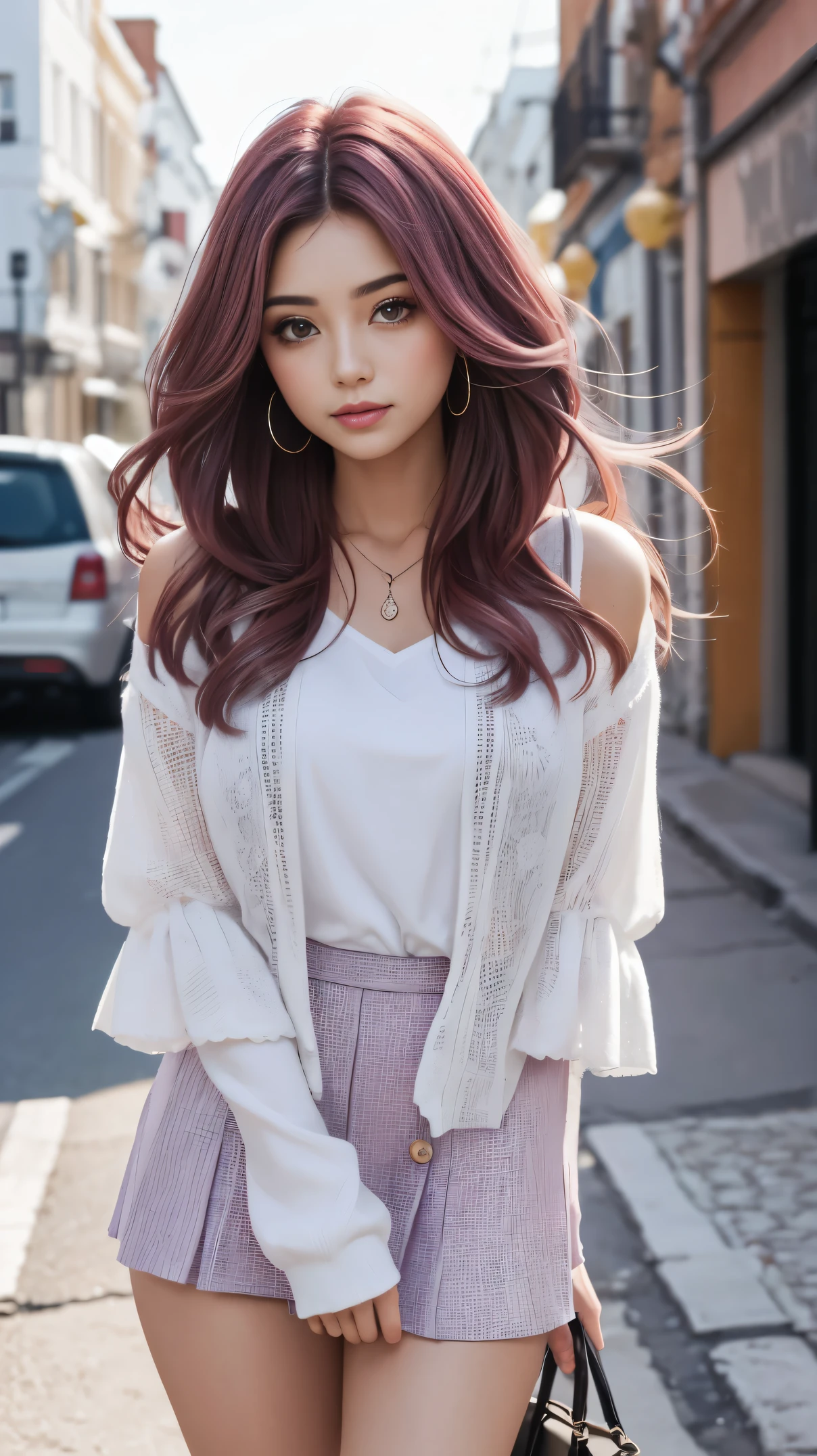 Deusa grega linda e sexy de longos cabelos rosas usando uma roupa de deusa antiga dourada