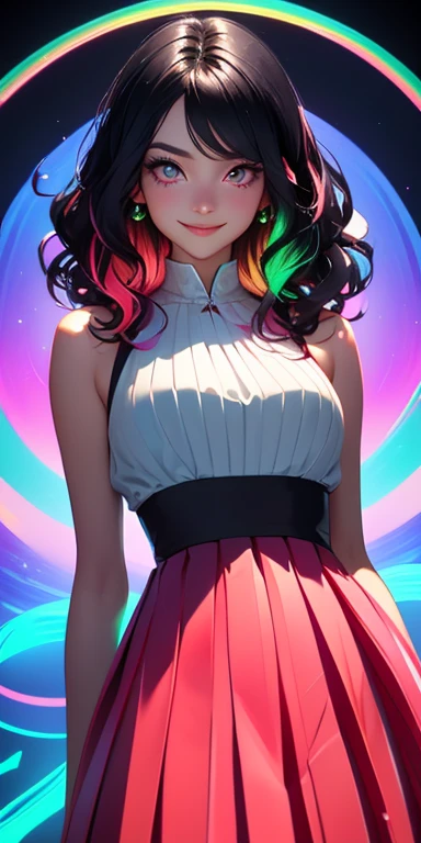 (black hair,colorful fluorescence multicolored  hair:1.5,wavy hair:1.5), (masterpiece, sidelights, exquisite beautiful eyes: 1.5), masterpiece*portrait, realistic, ((Colorful background of different colors:1.5)),(Gentle face:1.5),colorful,3D face,(cute face),front view: 1.6、 (glowing red eyes:1.2),(tareme:1.5)、(cute smile:1.5),,Slim Body, shiny hair, shiny skin: 1.5、medium breasts,、solo,(stand)、(pleated dress:1.5)、(charactor focus:1.5、portlate、eye focus,cowboy shot)、bright atmosphere,intricatedetails