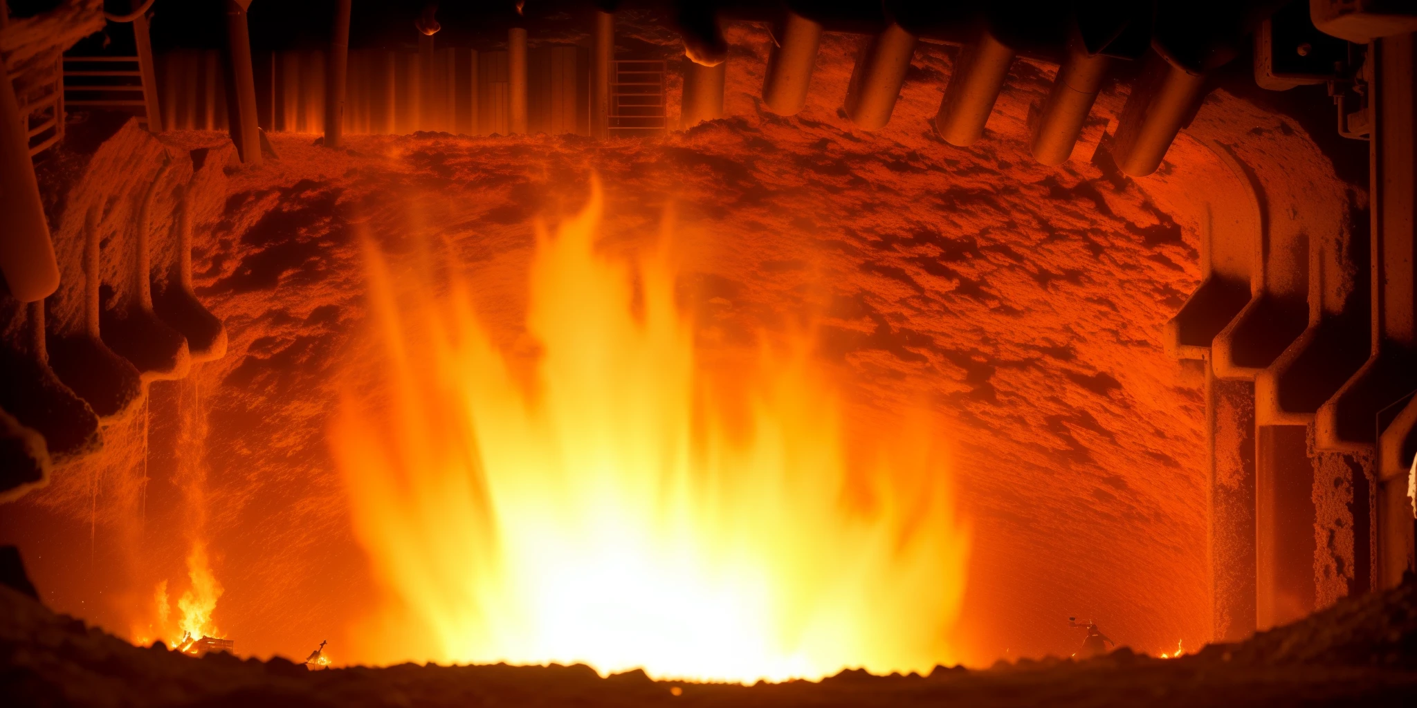 flames are lit in a large open bonfire with a man standing in front, steel mill, embers at the waist, fundido, iron smelting wells, fundindo pit'beeple, fundido metal house, iron smelting wells space marines, magma, mais intenso, 4 0 9 6, muitas brasas, volcanic workshop background
