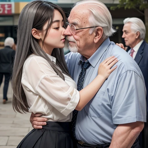 age girl、Elderly Man、Gray-haired man、hug a girl、Large bust、larger hips、blush、embarrassed expression、close contact、dandy、girl hugging a man、kiss、Girl Spanning Men、