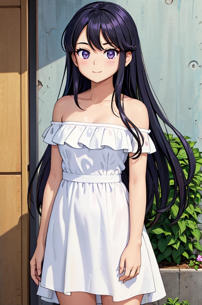 Rei_Hino, 1 girl, solo, Best quality, masterpiece, High Definition, Teenager, Purple Eyes, Beautiful Detail Eyes, Black Hair, Long Hair, Good hands, Smile, Blushing, Bare Neck, Bare Arms, Bare Shoulders, White Ruffle Off-the-Shoulder Top, White Strapless Off-the-shoulder Dress, White Dress, Long maxi dress, standing near to a garden house Background,