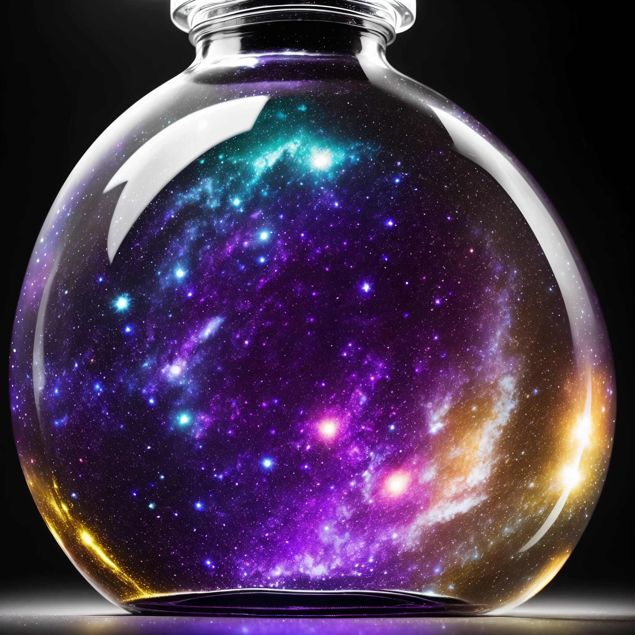 (galaxy in bottle:1.2), one empty bottle on table, gray wall on background, (yellow light on background:0.6), low angle, (intricate details:1.22), hdr, (intricate details, hyperdetailed:1.2), whole body, cinematic, intense, cinematic composition, cinematic lighting, (rim lighting:1.3), color grading, focused,