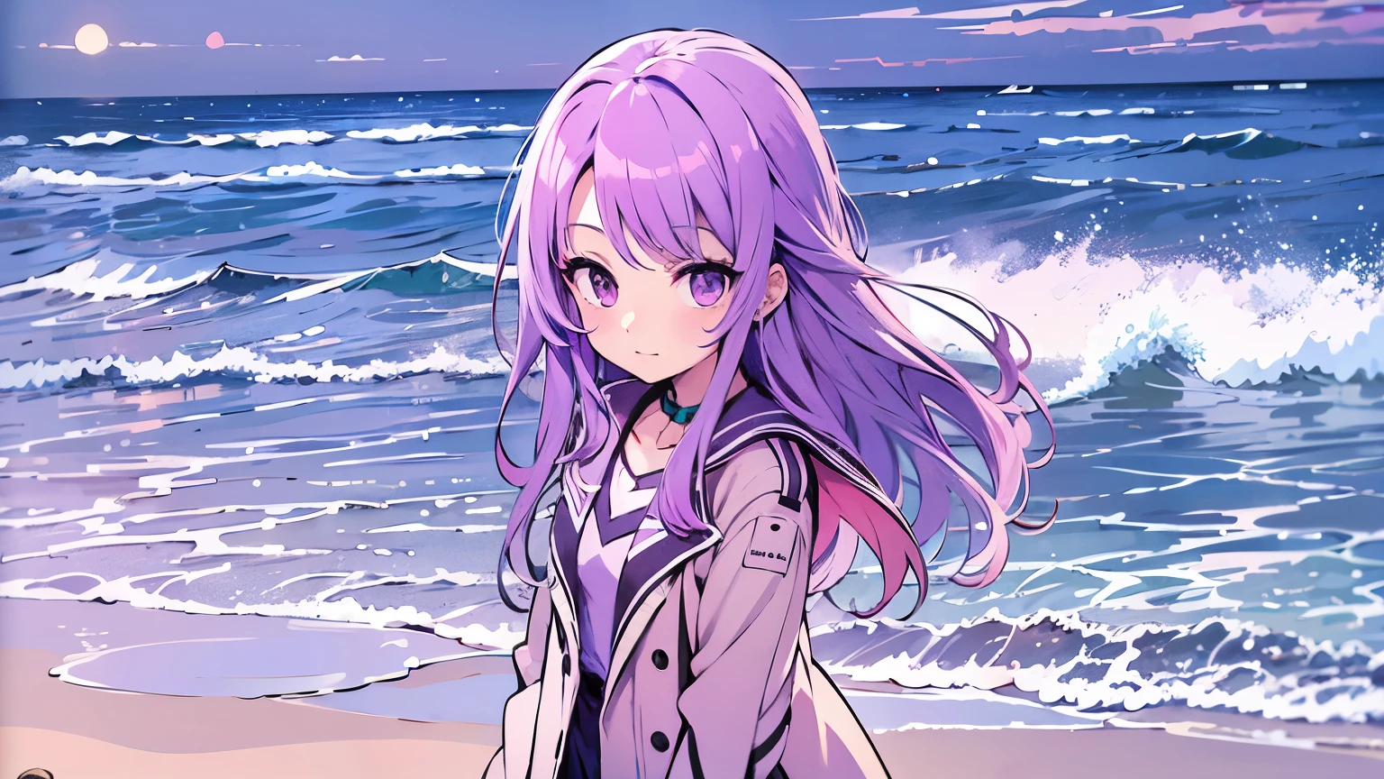 beach，seaside，Sunset，purple long hair，purple eyes，Purple coat，8K resolution，anime, high quality