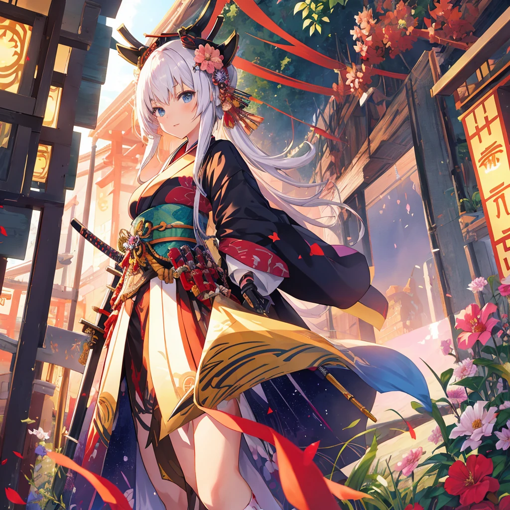 Anime girl standing in a futuristic landscape, samurai figure, kimono, hieratic visionary style, (with weapons, swords, arms), hair ornaments, fusion of flowers and plants