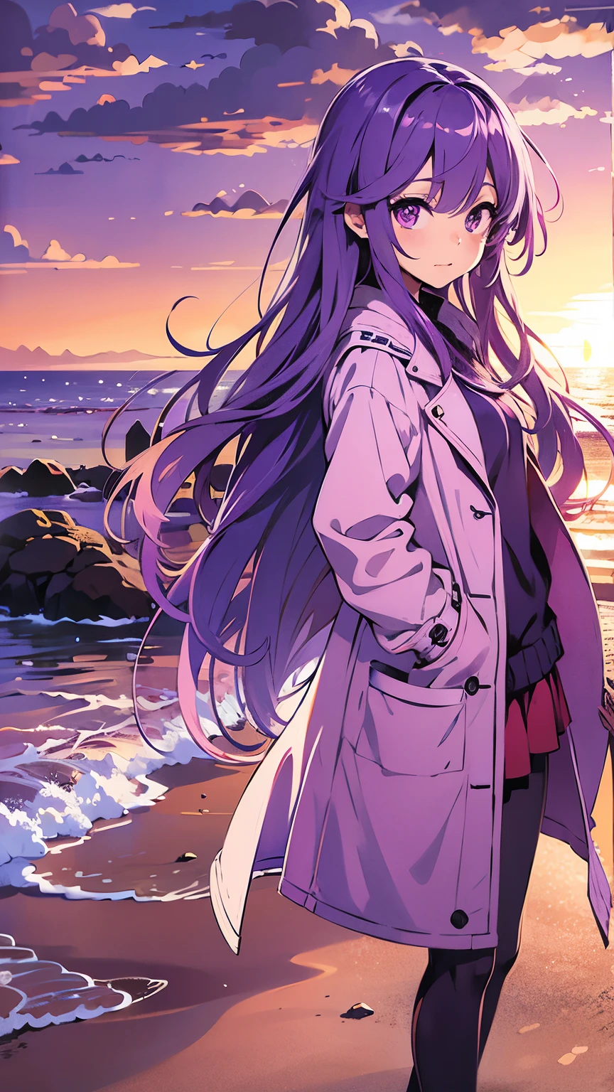 beach，seaside，Sunset，purple long hair，purple eyes，Purple coat，8K resolution，anime, high quality