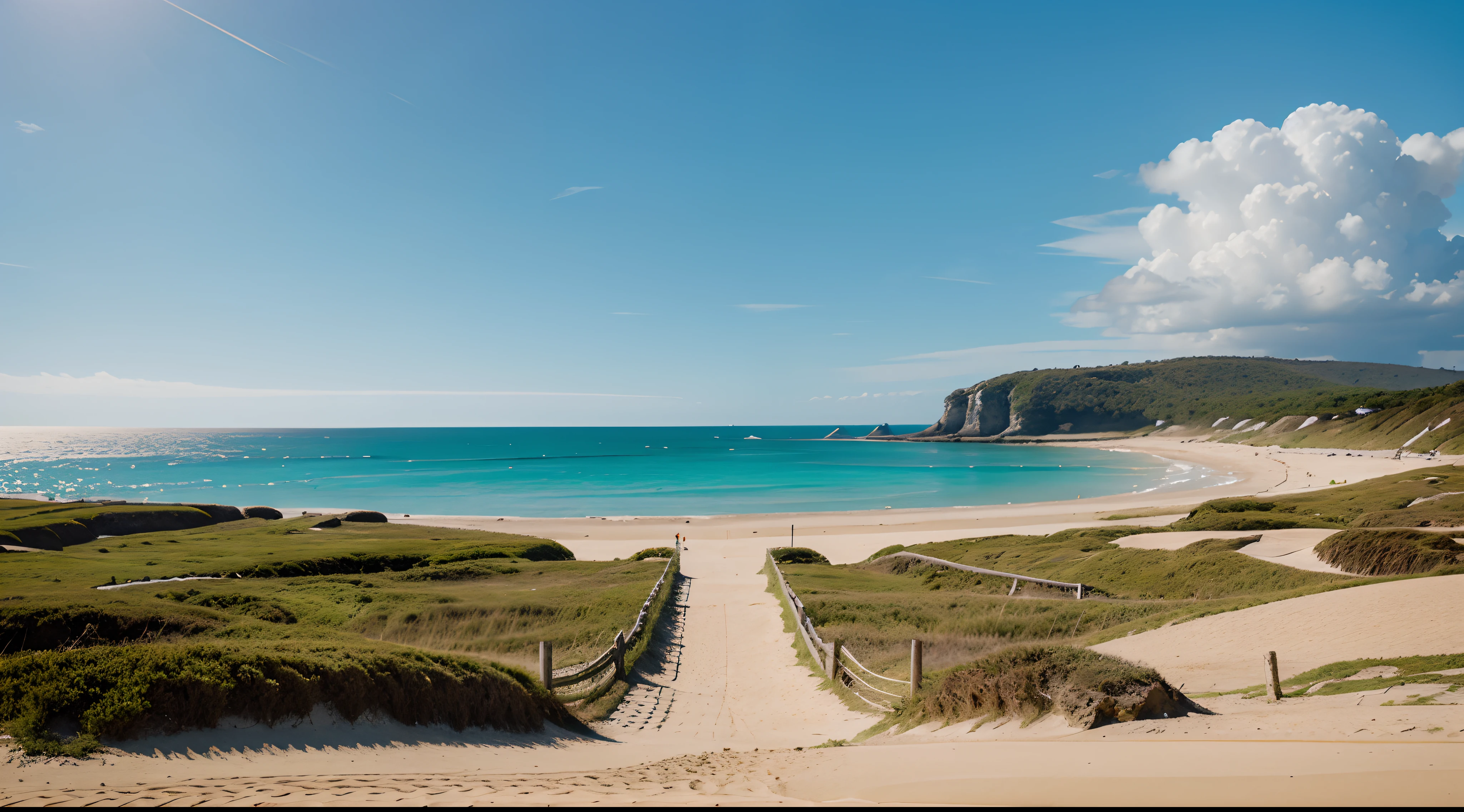 Create a panoramic landscape,Nestled on the gentle hills of a deserted beach,Have clear blue sky