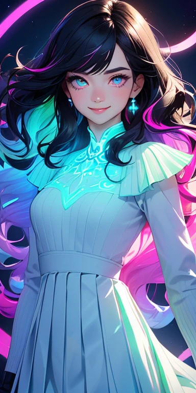 (black hair,colorful fluorescence multicolored  hair:1.5,wavy hair:1.5), (masterpiece, sidelights, exquisite beautiful eyes: 1.5), masterpiece*portrait, realistic, ((Colorful background of different colors:1.5)),(Gentle face:1.5),colorful,3D face,(cute face),front view: 1.6、 (glowing red eyes:1.2),(tareme:1.5)、(cute smile:1.5),,Slim Body, shiny hair, shiny skin: 1.5、medium breasts,、solo,(stand)、(pleated dress:1.5)、(charactor focus:1.5、portlate、eye focus,cowboy shot)、bright atmosphere,intricatedetails