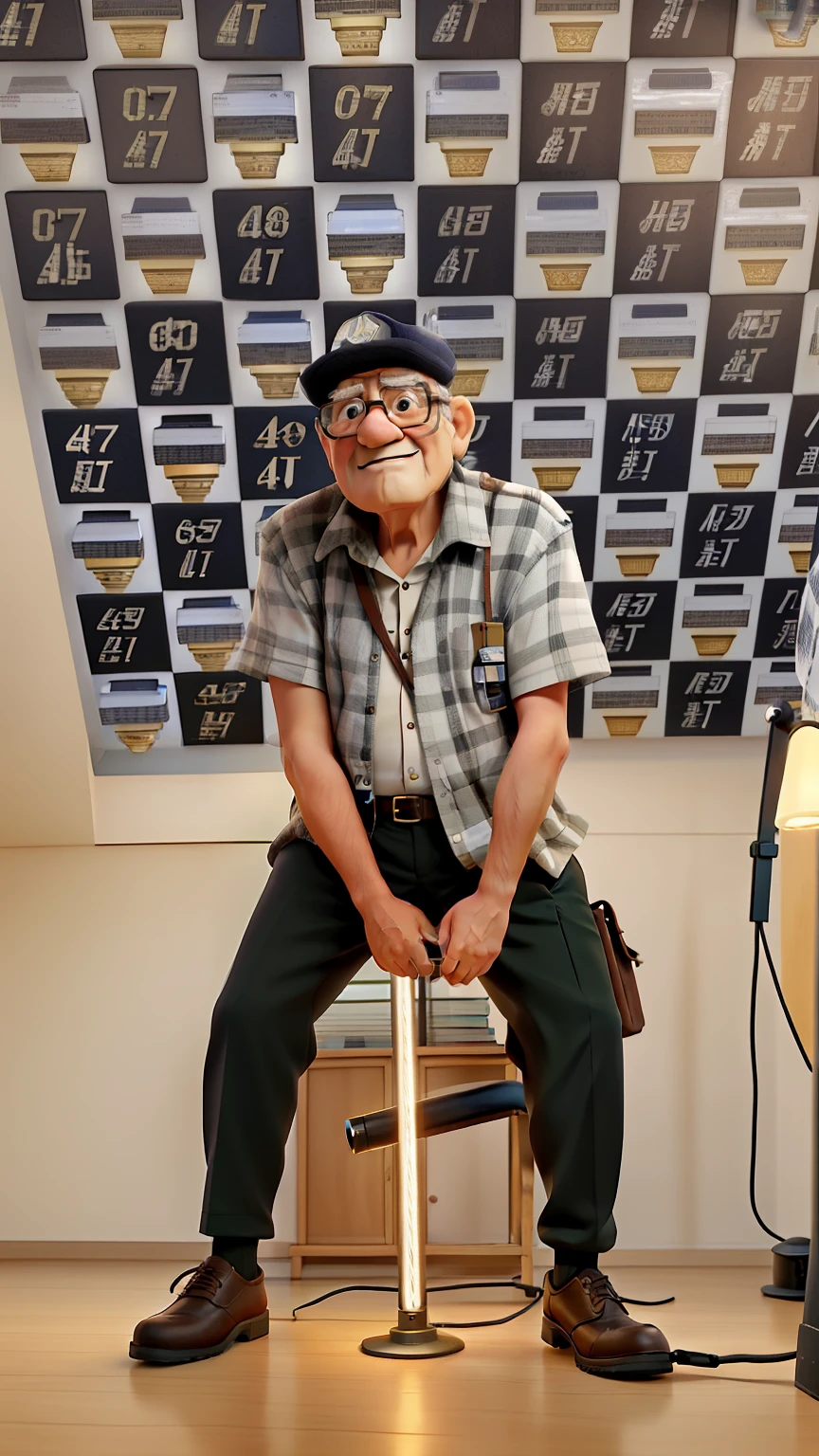 A wise old man standing in front, illuminated by the light of a lamp, tendo como pano de fundo uma biblioteca