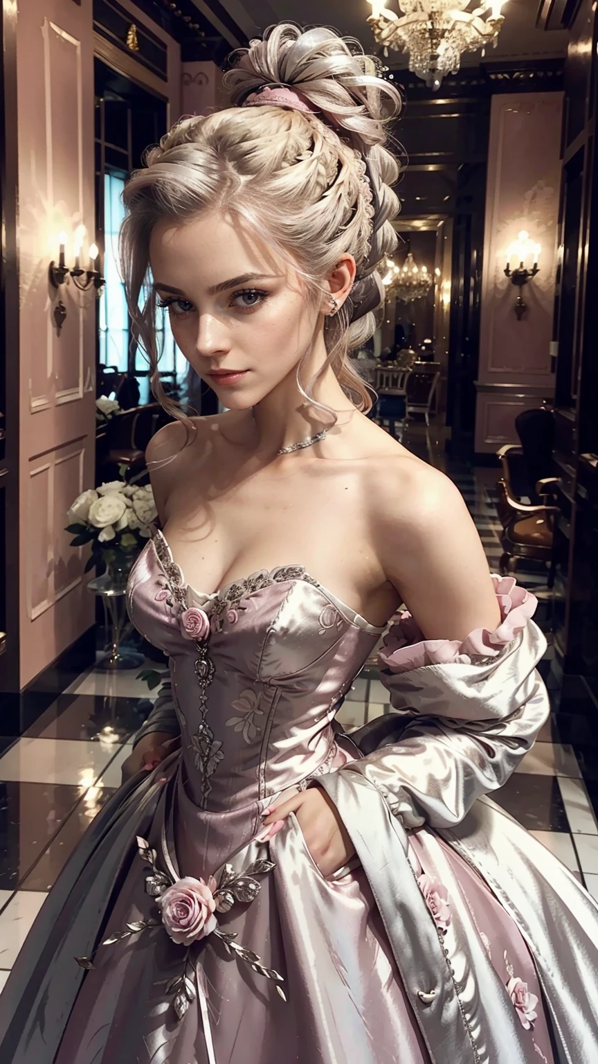 woman, Severe, elegant, pink dress, aristocratic, silver elements, long nails, bare shoulders, hairstyle, hair up, braids and ponytail, Messy, arrogant, absurd, fine dress, royalty, celebration, hall decorated with flowers, cowboy shot, portrait, (highest quality), (masterpiece), (very detailed), (4K)