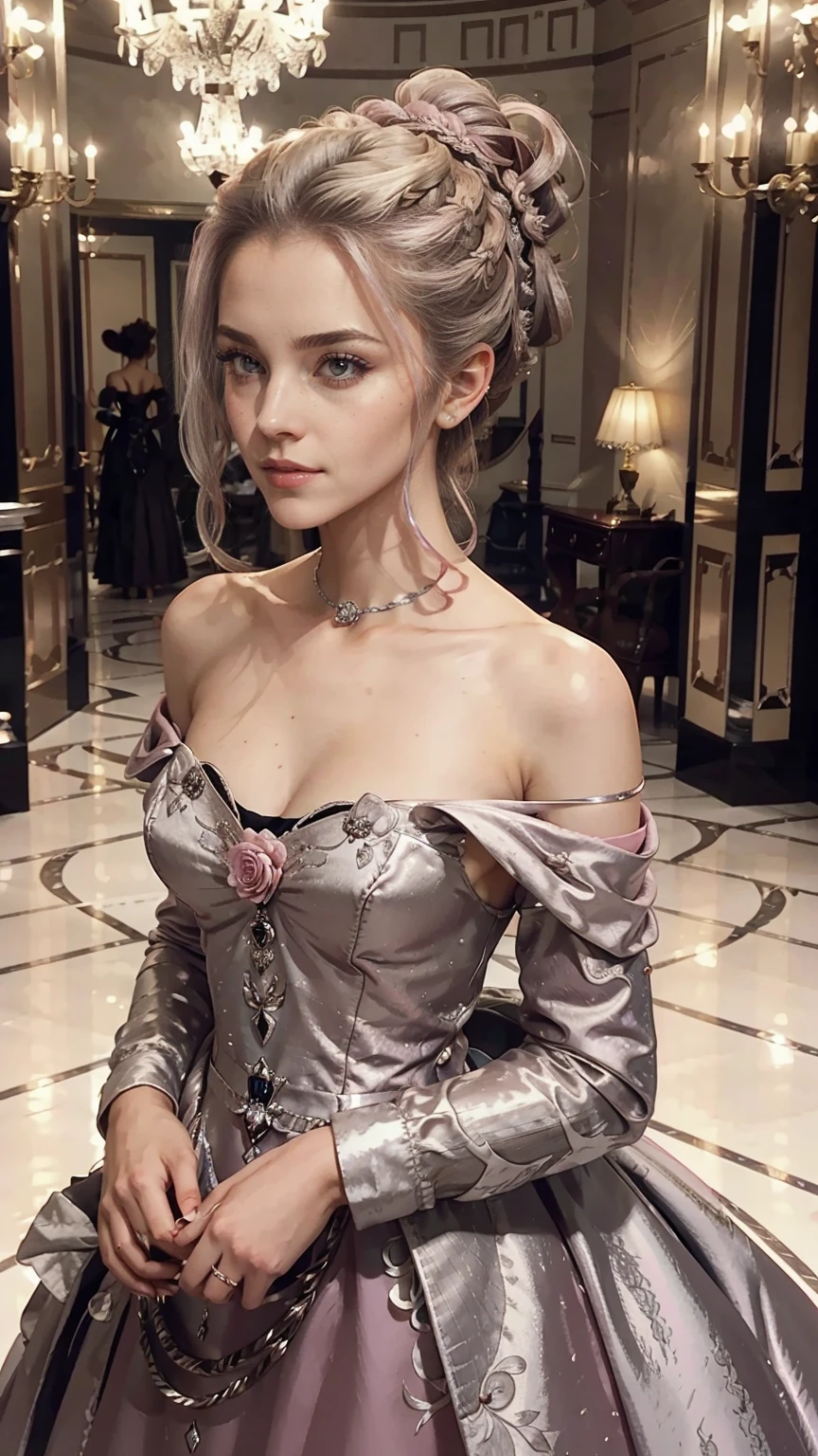 woman, Severe, elegant, pink dress, aristocratic, silver elements, long nails, bare shoulders, hairstyle, hair up, braids and ponytail, Messy, arrogant, absurd, fine dress, royalty, celebration, hall decorated with flowers, cowboy shot, portrait, (highest quality), (masterpiece), (very detailed), (4K)