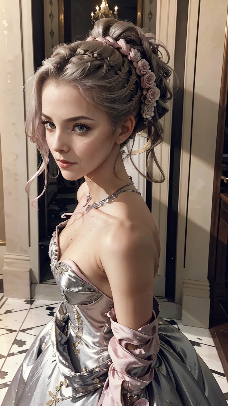 woman, Severe, elegant, pink dress, aristocratic, silver elements, long nails, bare shoulders, hairstyle, hair up, braids and ponytail, Messy, arrogant, absurd, fine dress, royalty, celebration, hall decorated with flowers, cowboy shot, portrait, (highest quality), (masterpiece), (very detailed), (4K)