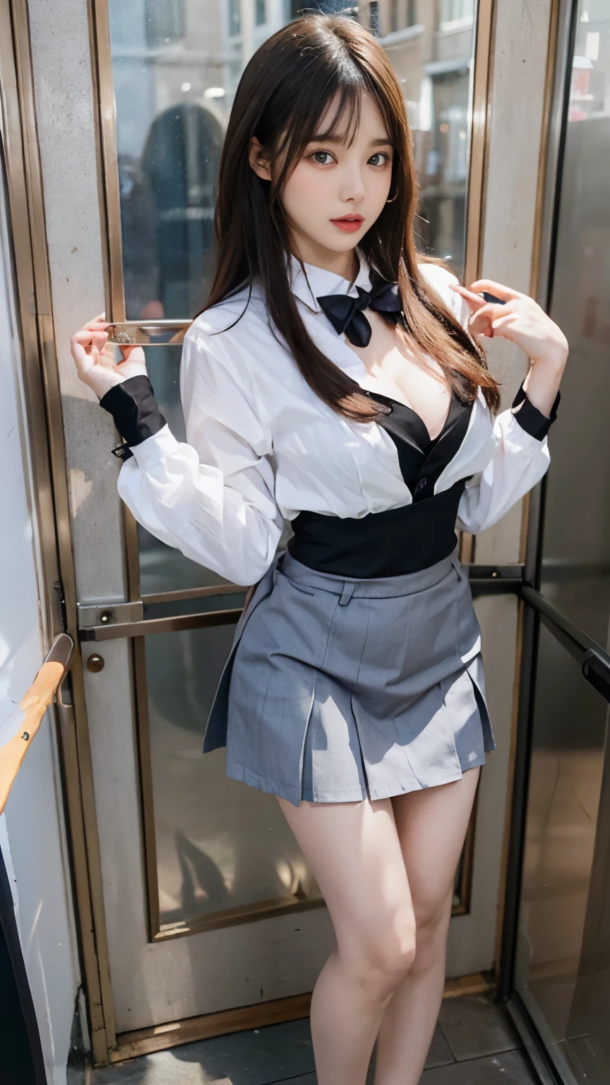 NSFW,((top-quality、8K、masterpiece:1.3))、Crisp focus:1.2、Beautiful woman with perfect body shape:1.4、(((small tits)))、a wet body:1.5、Highly detailed facial and skin texture、A detailed eye、二重まぶた、BDSM,Slave,shackle,gargantilha,From below,angry,(((Breasts protruding from the uniform)))、Prime lens 85mm、F-number release、Spread your legs on the way home from school、Back lighting、Detailed lewd part、Black stockings、