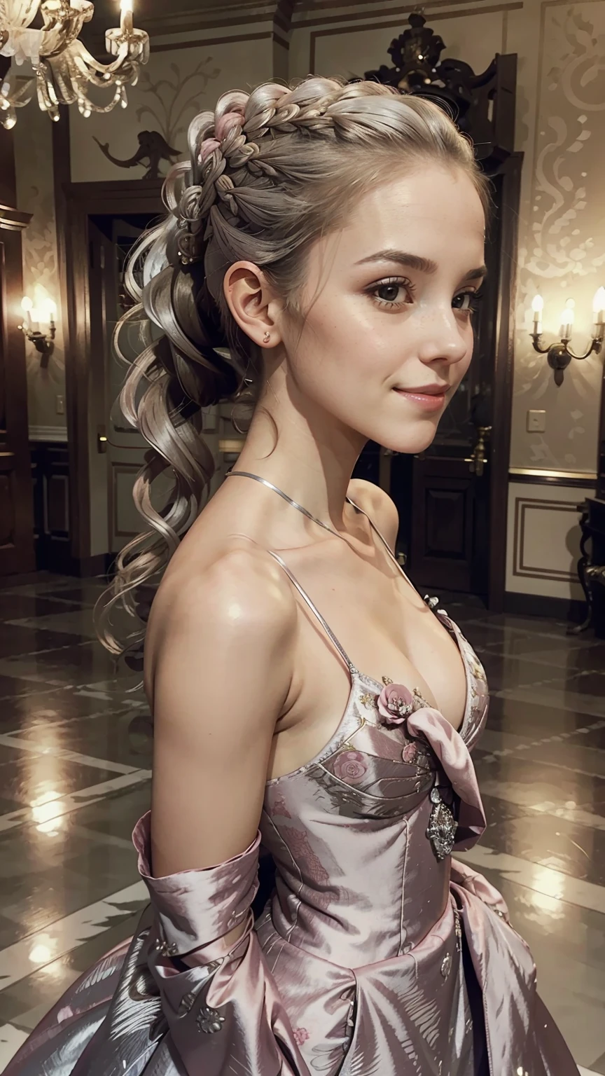 woman, smile、elegant, pink dress, aristocratic, silver elements, long nails, bare shoulders, hairstyle, hair up, braids and ponytail, Messy, arrogant, absurd, fine dress, royalty, celebration, hall decorated with flowers, cowboy shot, portrait, (highest quality), (masterpiece), (very detailed), (4K)