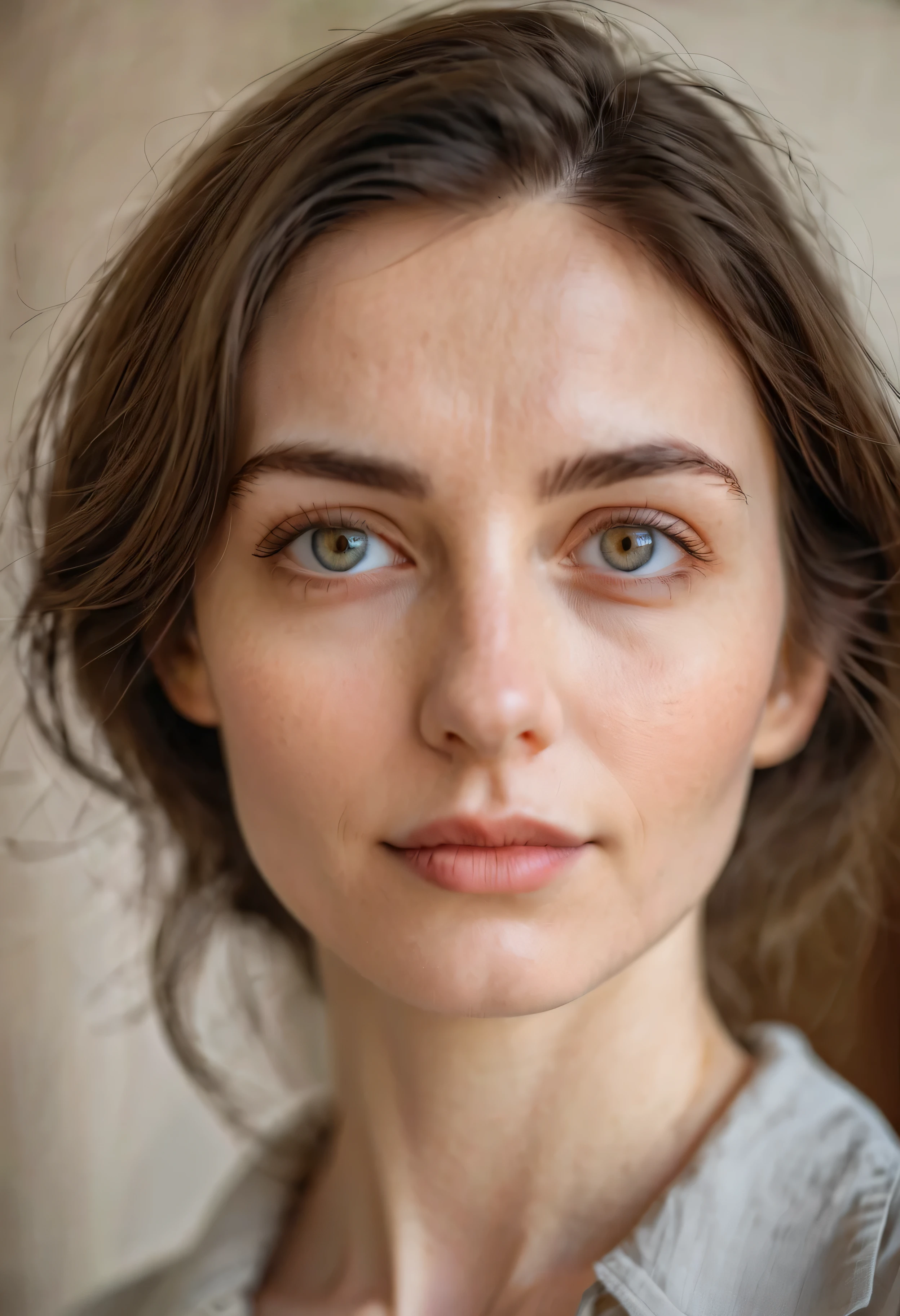 Portrait of a beautiful woman about 30 with a deep look, intelligent eyes and a barely noticeable mysterious smile. Face pale matte, graceful. Features are subtle, Aristocratic. gray eyes, slightly tired with characteristic wrinkles in the corners from frequent concentration and reading. Insightful look,lesiastical architecture, by redefining prestig