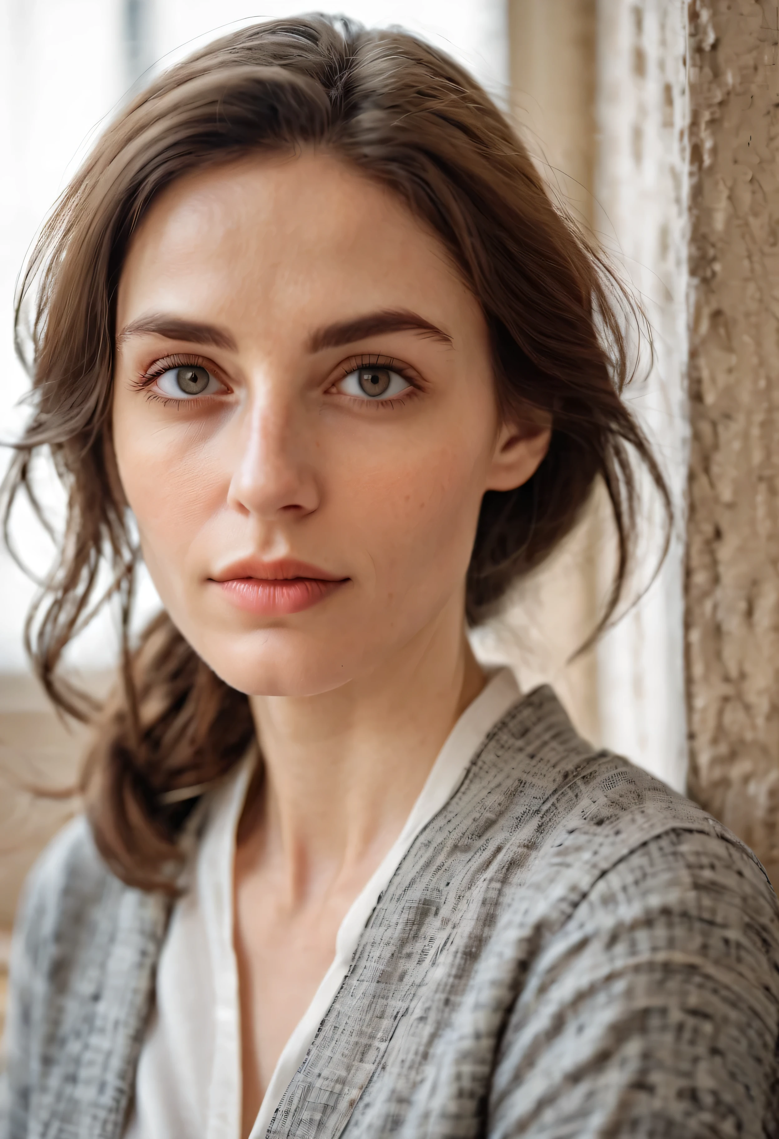 Portrait of a beautiful woman about 30 with a deep look, intelligent eyes and a barely noticeable mysterious smile. Face pale matte, graceful. Features are subtle, Aristocratic. gray eyes, slightly tired with characteristic wrinkles in the corners from frequent concentration and reading. Insightful look,lesiastical architecture, by redefining prestig