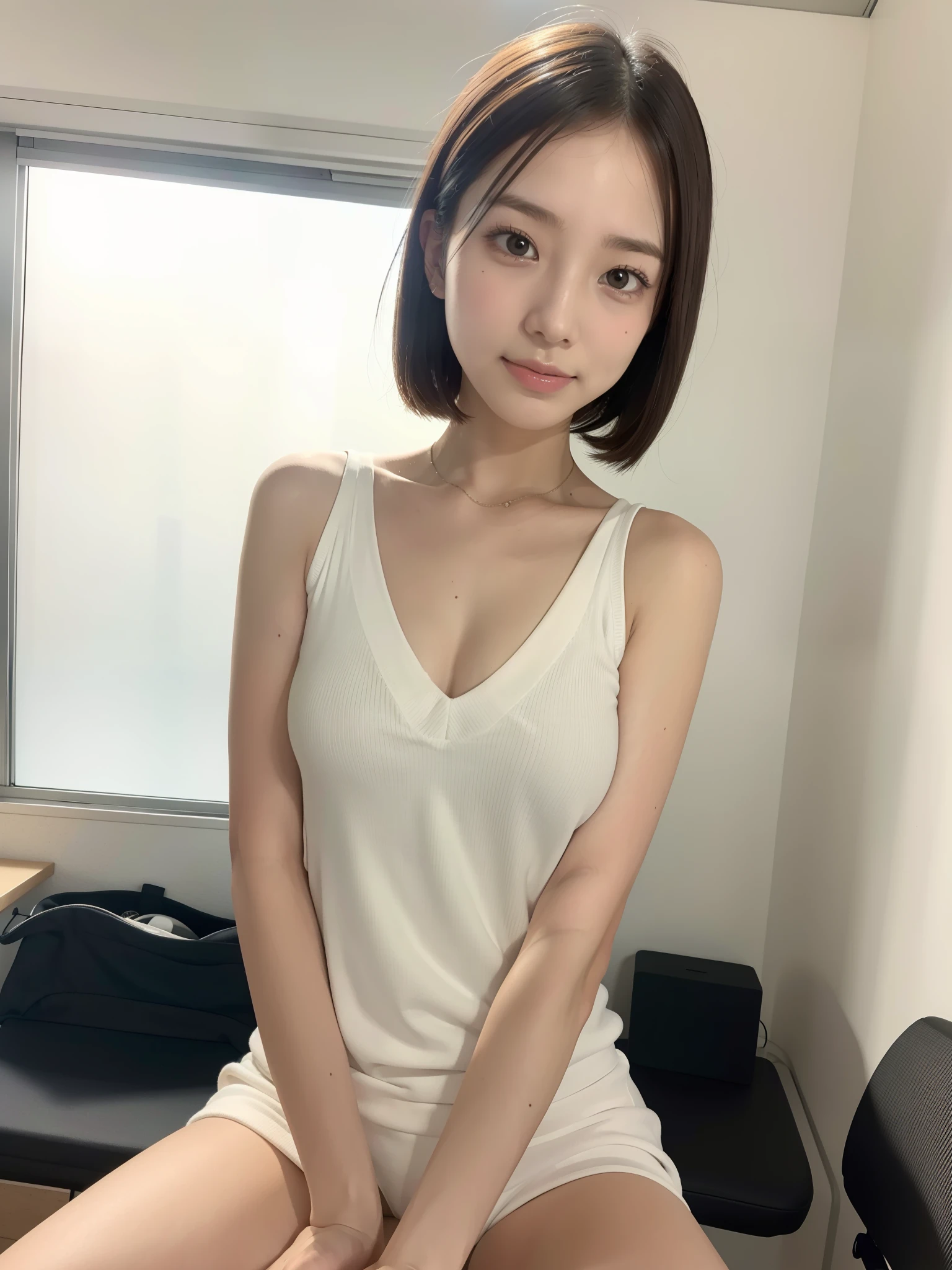 full nude, ((of the highest quality, 8K, masutepiece: 1.3, Raw photo)), Sharp Focus: 1.2, (1 AESPA Girl :1.1), (Solo: 1.18), (Realistic, Photorealistic: 1.37), (Face Focus: 1.1), Cute face, hyperdetailed face, Short messy hair, updo, Small breasts, flat chest, (Sitting, spread her legs: 1.2), Thigh, (office room: 1.1)