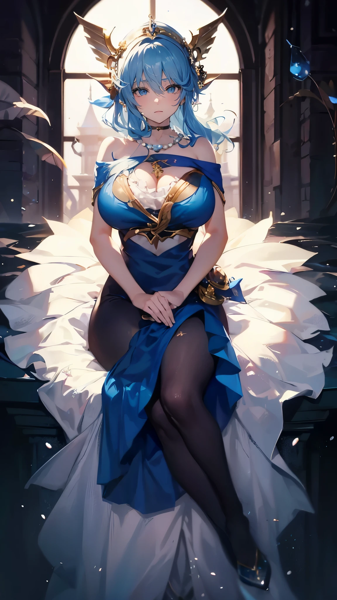 海long blue hair,close up,dream world,Mermaid Royal Sister, 海long blue hair,sitting on an royal throne,tear nevus,Mermaid ears,(pearl head chain,necklace),necklace,Long off-the-shoulder blue dress,humanoid, Poseidon temple background, her skin is white, fair complexion,green eyes,long blue hair, Two long black stocking legs,High heel,black legs,tattoo