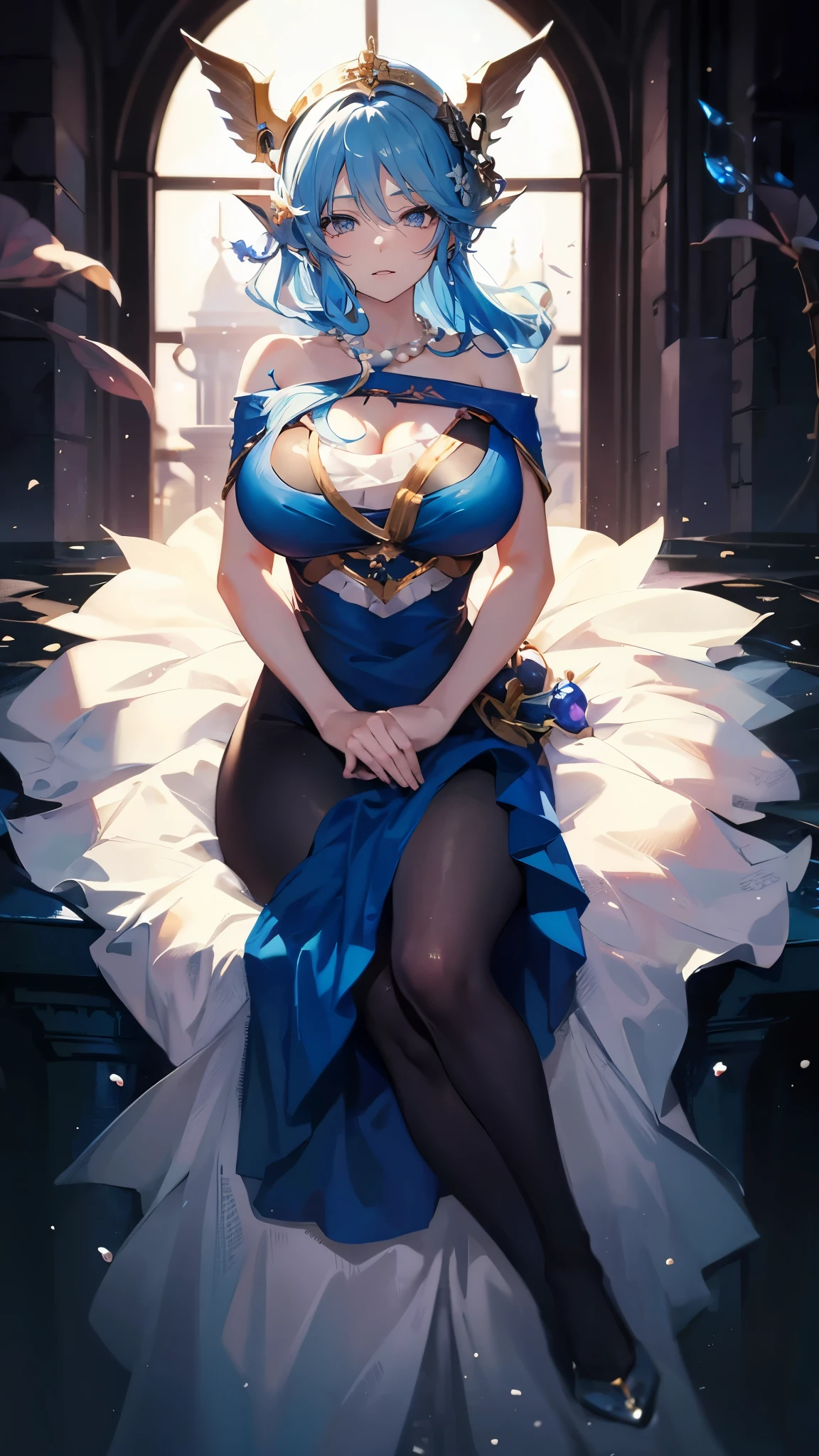 海long blue hair,close up,dream world,Mermaid Royal Sister, 海long blue hair,sitting on an royal throne,tear nevus,Mermaid ears,(pearl head chain,necklace),necklace,Long off-the-shoulder blue dress,humanoid, Poseidon temple background, her skin is white, fair complexion,green eyes,long blue hair, Two long black stocking legs,High heel,black legs,tattoo