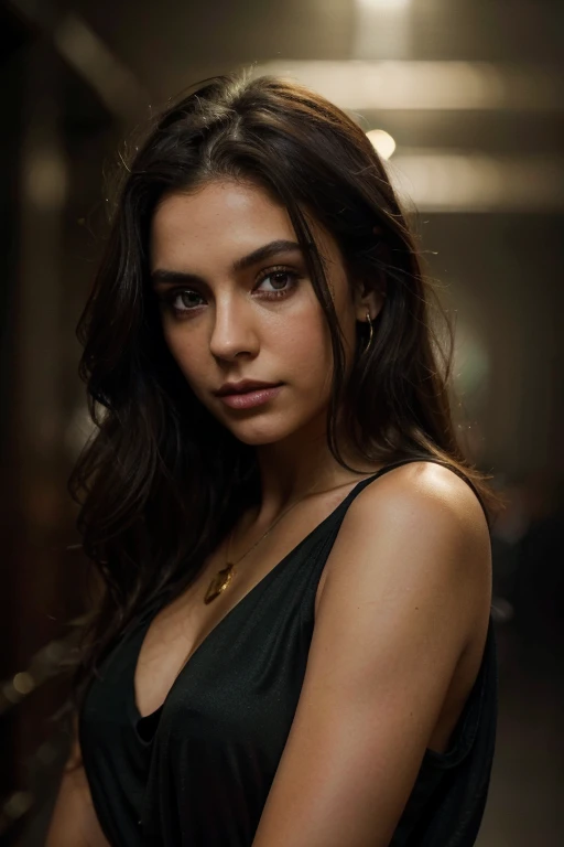 dark and gloomy, 8k, a close-up photo of a brunette woman dark background at night, hair curt above shoulders, dark brown hair, green eyes, makeup, black blouse, gold jewelry, looking straight ahead at the viewer, hyper realistic, {a girl with extremely beautiful olive skin} {{{masterpiece}}}