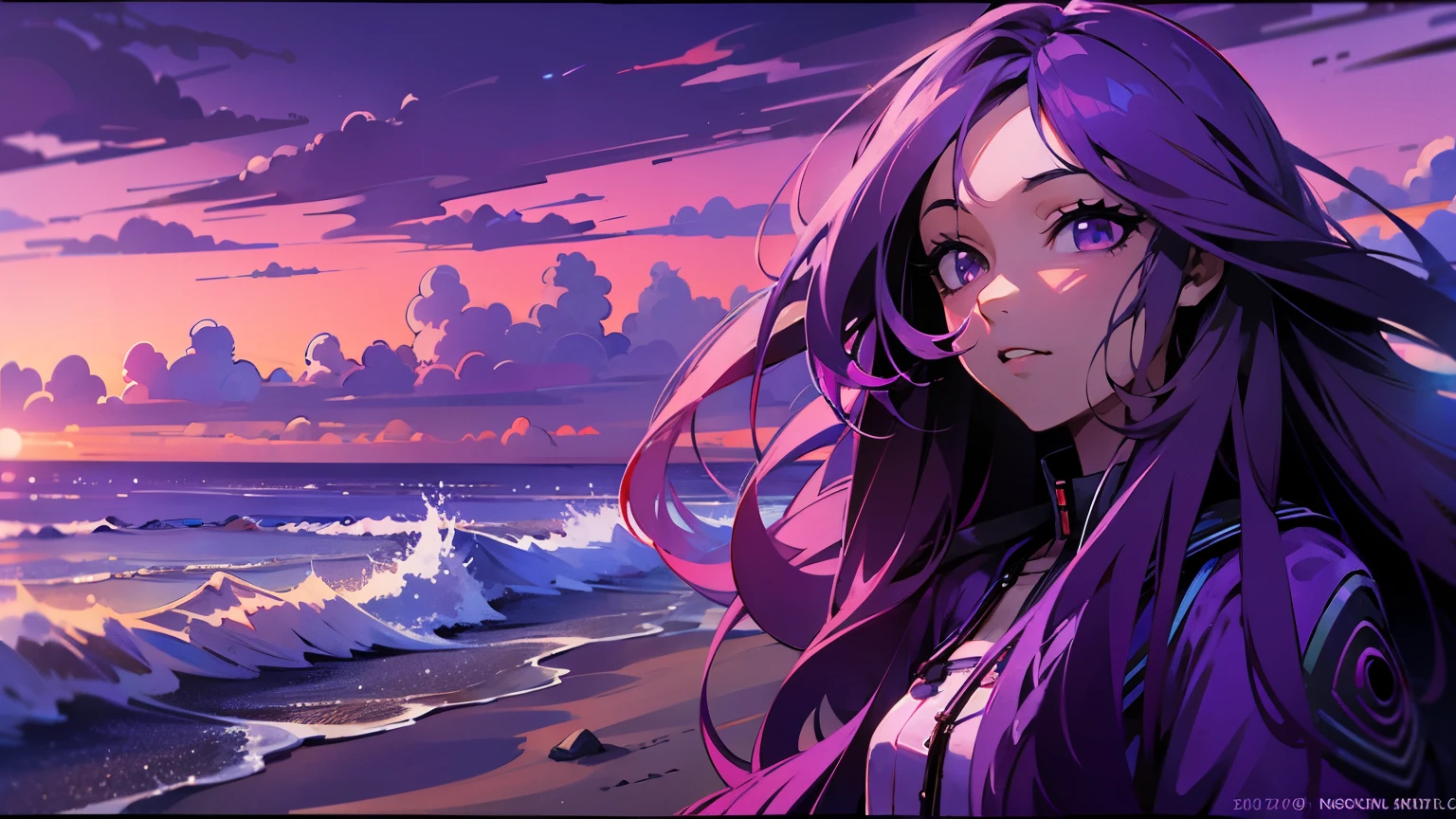beach，seaside，Sunset，purple long hair，purple eyes，Purple coat，8K resolution，Surrealism, high quality