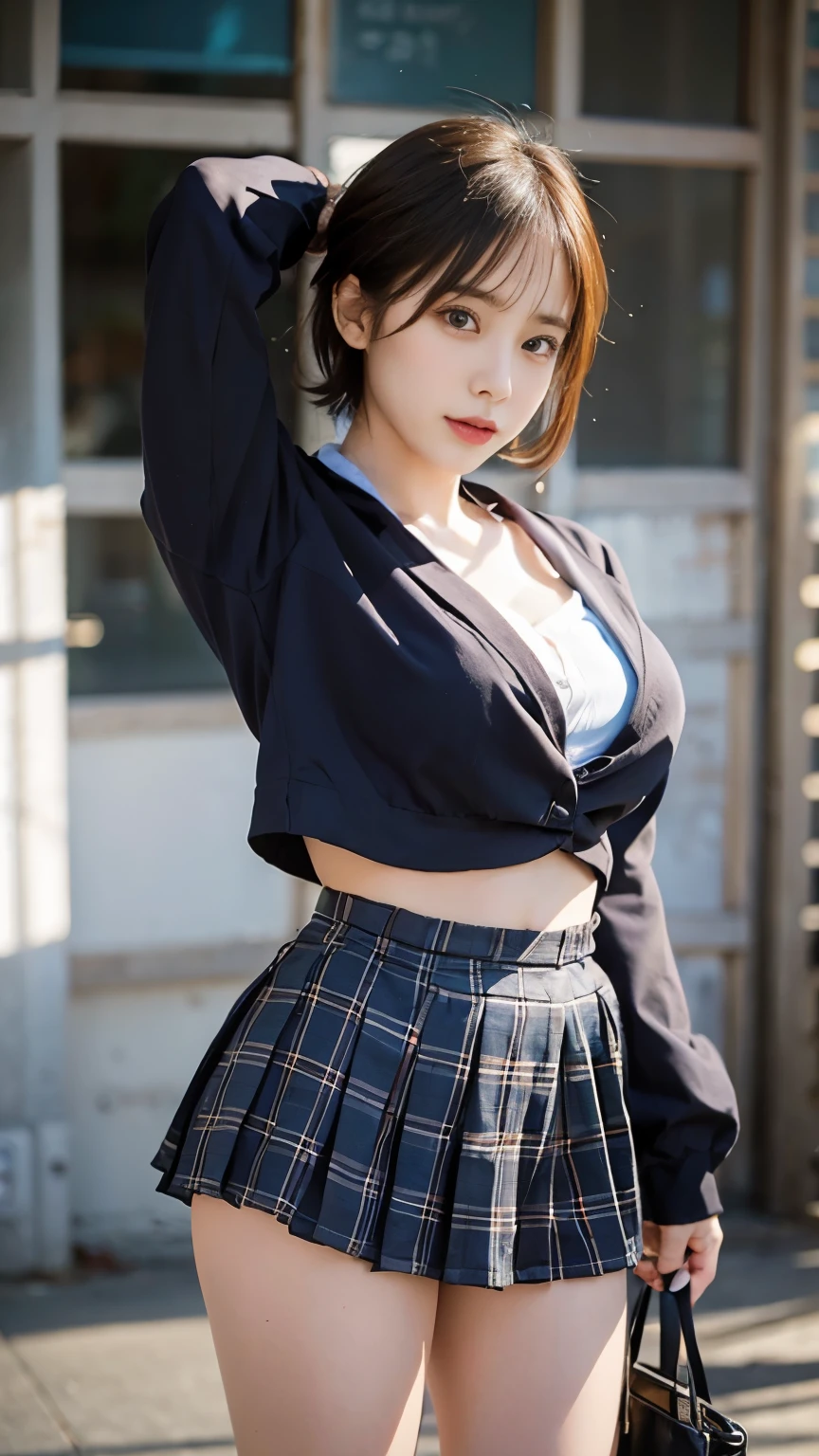 seifuku ,Seifuku Cosplayer Short Hair,arms behind,Front body, front, slender body,cleavage、Are standing ,(8K, RAW photo, highest quality, masterpiece:1.2), (realistic, photo-realistic:1.37), super detailed,(detailed beautiful girl:1.4),1 girl, full body shot, sexy look