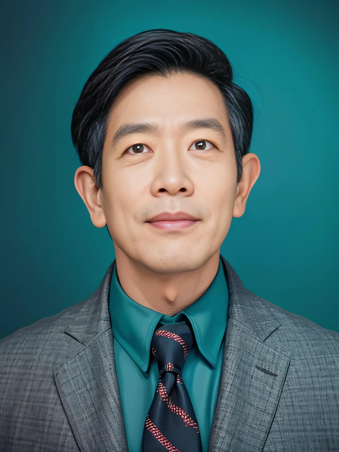 ((masterpiece), (best quality), (raw photo), (photorealistic:1.4), Highly realistic photo, Portrait of a 60 year old Vietnamese man, ((black hair)), (dark green shirt,matte fabric) The light from above shines down, (dark blue background), photo taken in 1975 by Fujifilm XT3