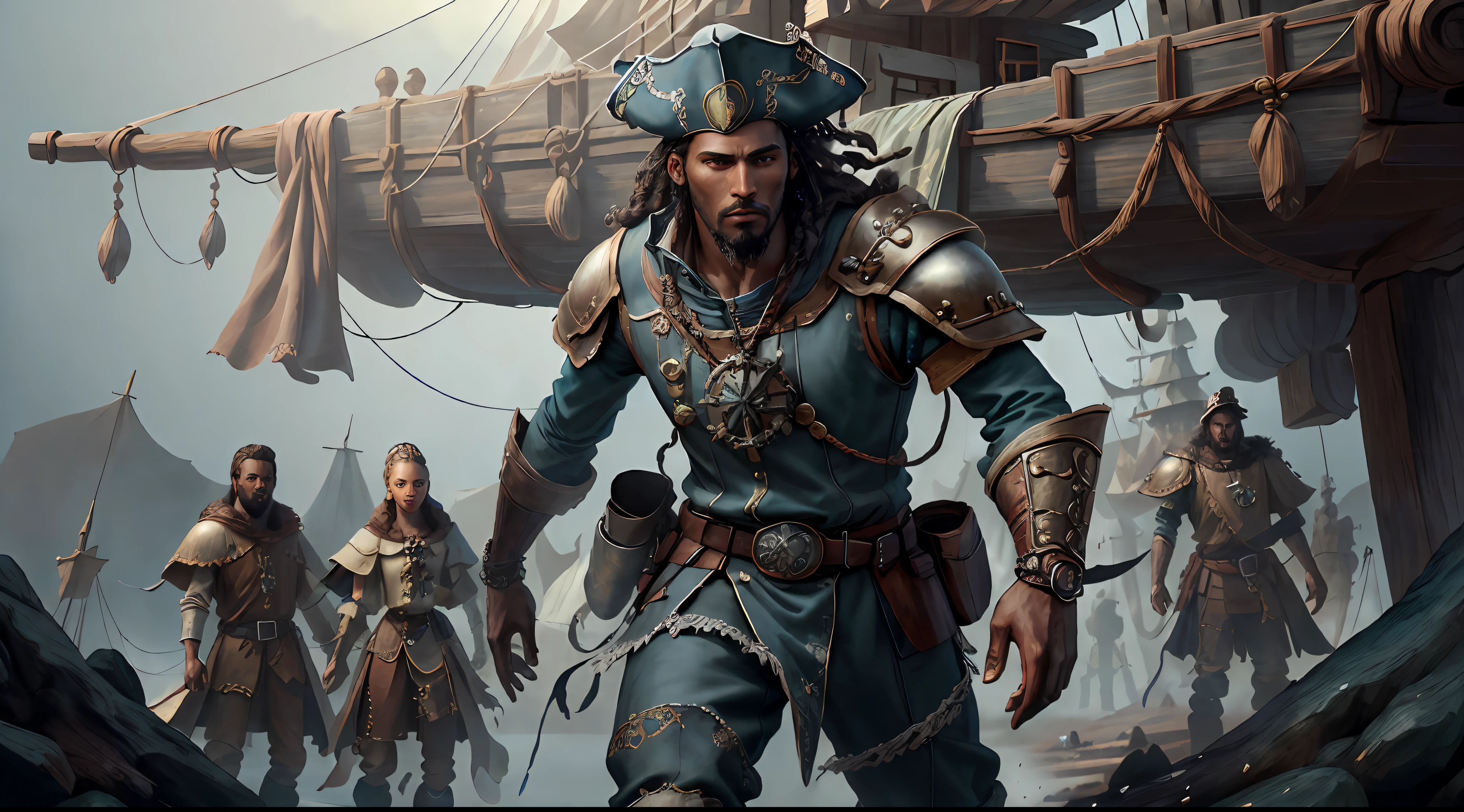 (((multi-person interaction, with men and women))), (highly detailed RAW color photos, ridiculous resolution, high resolution, super detailed), ((r 9 6 angles)), dark skin, handsome, fearless and brave expression, mature, thin shoulders, very thin body, black captive dark pirate hat, white dirty braids, vibrant green eyes, (detailed eyes and detailed face), extremely detailed 8k photo, (full body: 0.9), beautiful woman, outboard, offboard background, detailed face, (Medieval Fantasy Theme: 1.3), Light Blue Pirate Theme Armor with Highly Intricate Details, Blue Pants, Ship in the Background, Inside the Ship, Deck of the Ship, Inspired by Dungeons & Dragons, Digital Artwork, Surreal, Photography, Soft Lighting, Soft Detail, Octane, ArtStation Trend, Ultra High Detail, Surreal, Movie, 16k,