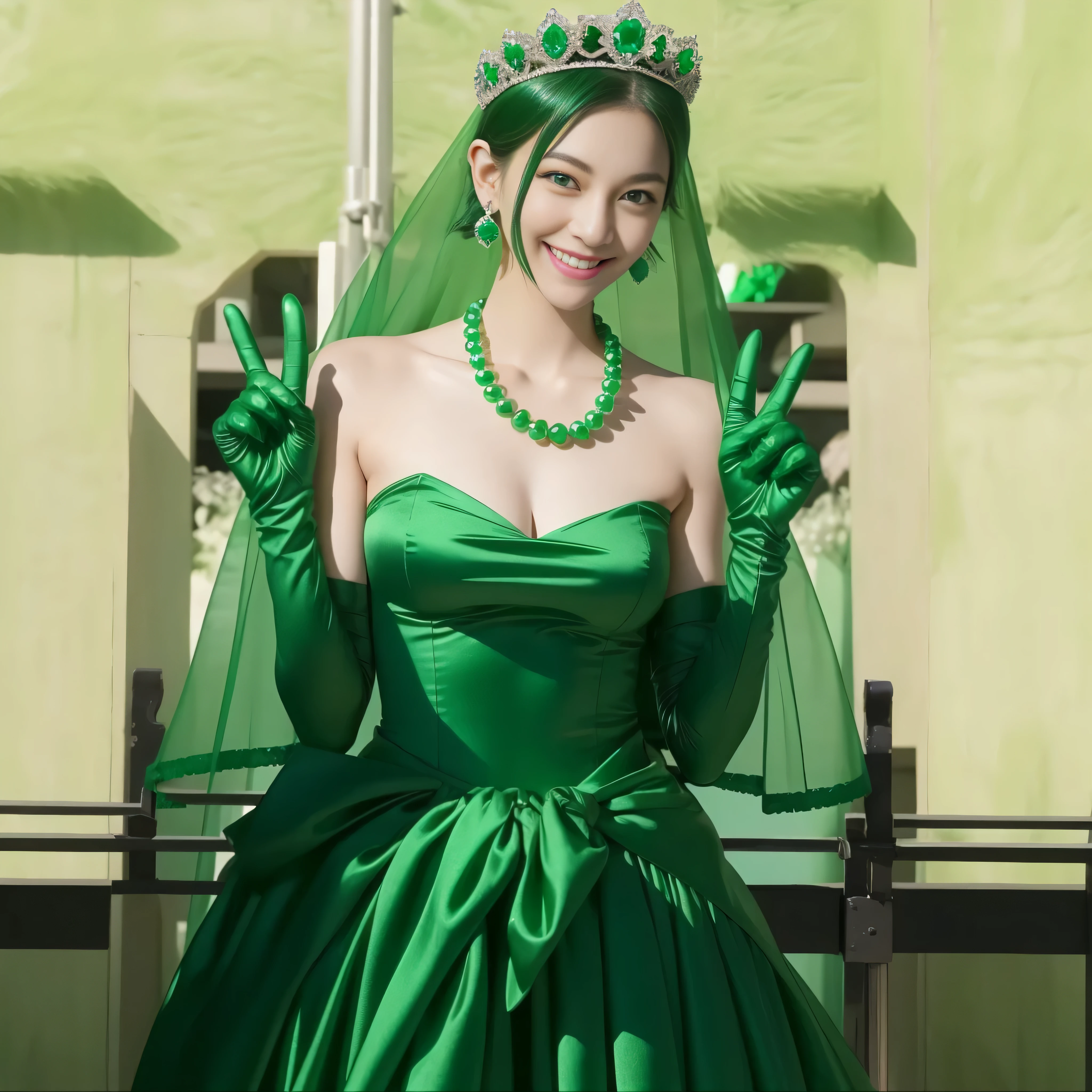 emerald tiara, green pearl necklace, boyish very short green hair, lipstick, smiling Japanese woman, very short hair, big breasts beautiful, green eyes, Long Green Satin Gloves, green eyes, V sign, emerald earrings, green veil