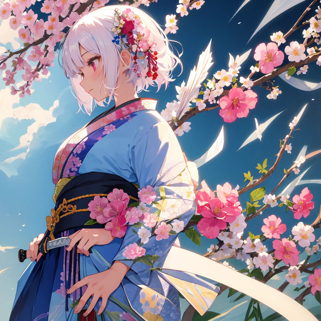 One girl, solo, short hair, hair ornament, sword in hand (weapon fused with flowers and plants, sword, held in arm), kimono, upper body, flowers, white hair, flowers in hair, electrons, from side, profile, pink flowers, blue flowers, Japanese painting, hanging scroll,