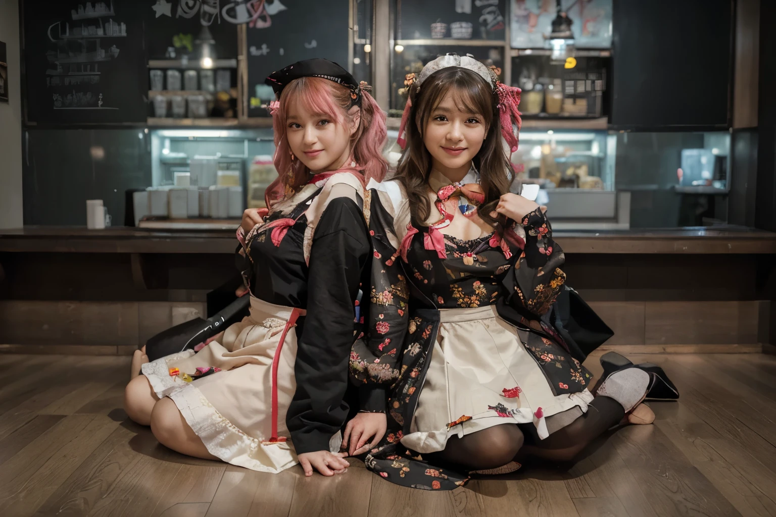(Best quality, 8k, 32k, Masterpiece, UHD:1.2) "Transform the image to depict a vibrant Maid Cafe scene in Akihabara, Japan. Show the cafe's interior bustling with energy, adorned with colorful decorations and cozy seating arrangements. Highlight the staff dressed in maid uniforms engaging warmly with customers. Illuminate the space with soft, inviting lighting that accentuates the cafe's cheerful ambiance. Emphasize elements like themed decor, cute accessories, and the overall lively atmosphere typical of a Maid Cafe experience in Akihabara."