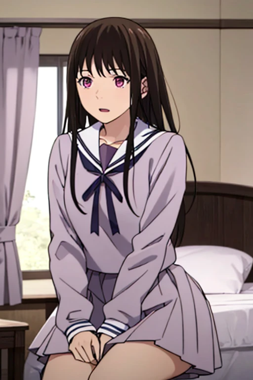 masterpiece:1.6, best quality), finely detailed beautiful eyes: 1.2), colorful, 1girl, school uniform, black hair, sit on bed, bedroom, indoors, perfect anatomy, couple, breastgrope from behind, 1boy, boy is behind girl, buzzcut, brown eyes, school uniform,breast grope from behind, boy caressing girl's chest , hug, hug back, hug from behind