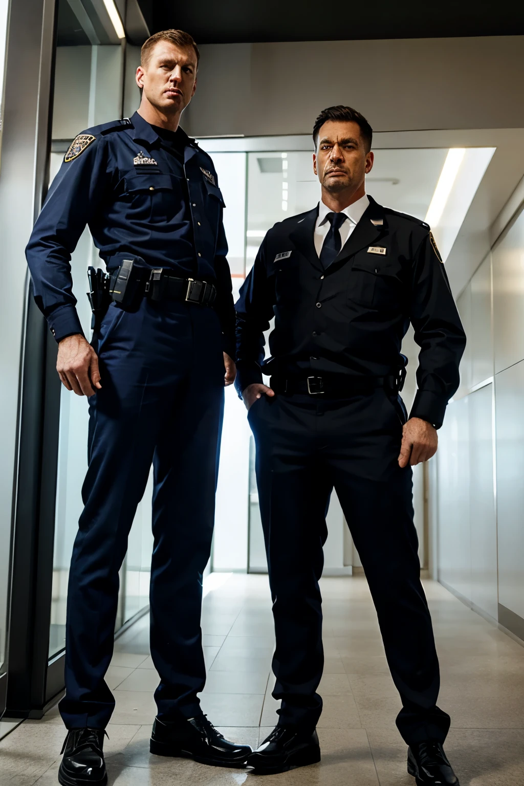 an incredible and crazy tall and strong policeman stands next to a very short male