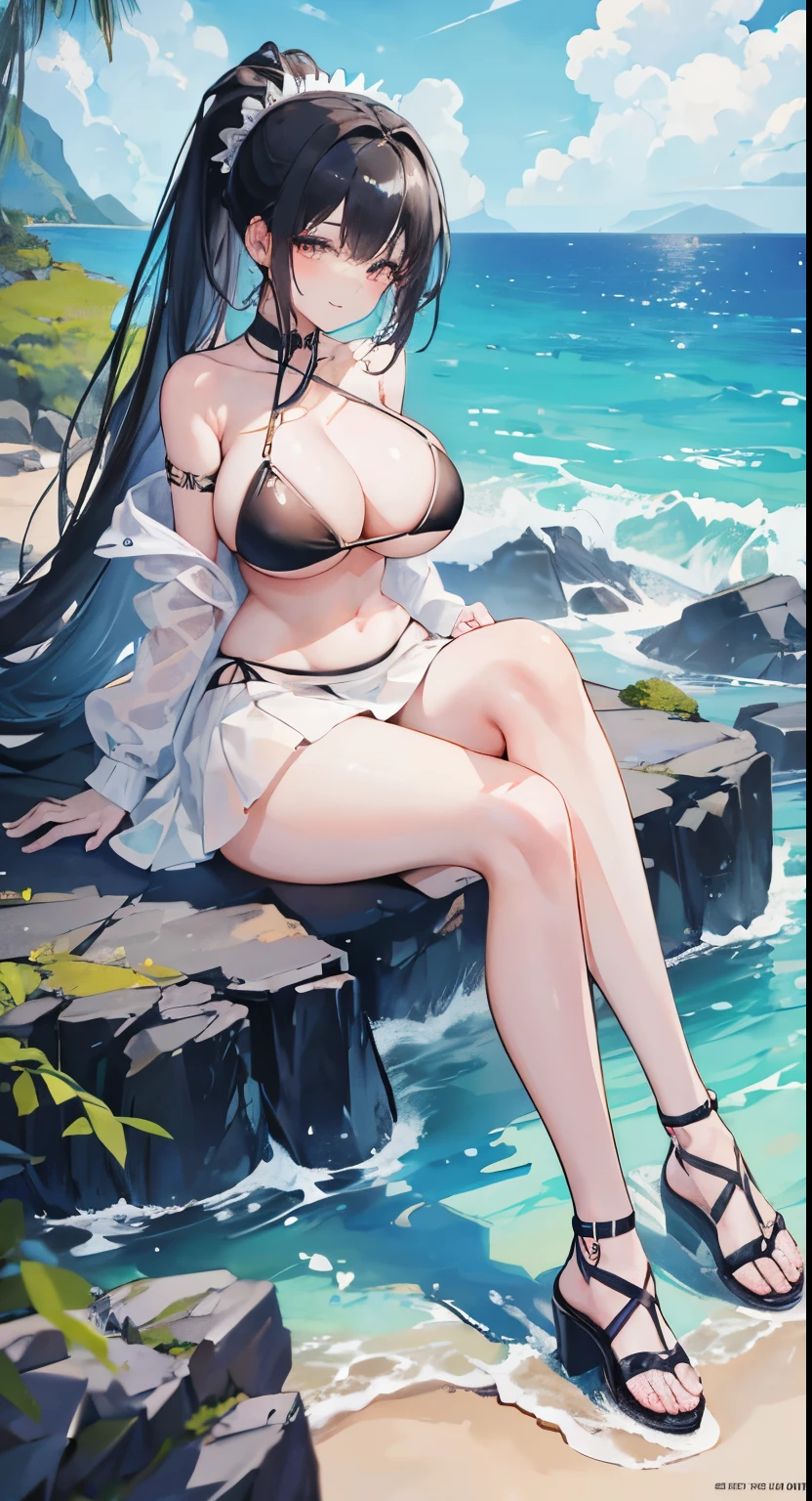 1 girl(masterpiece,top quality,best quality,official art,Beauty and aesthetics:1.2),black hair,long hair,ponytail,big sister,tall figure,enchanted,enchanting,Flushed complexion,sweat,Very, very big,super gigantic breasts,breasts bigger than head,white bikini,Water-soaked white transparent skirt,beach,waves,Smile,sitting on the rocks,High-heeled closed-toe sandals