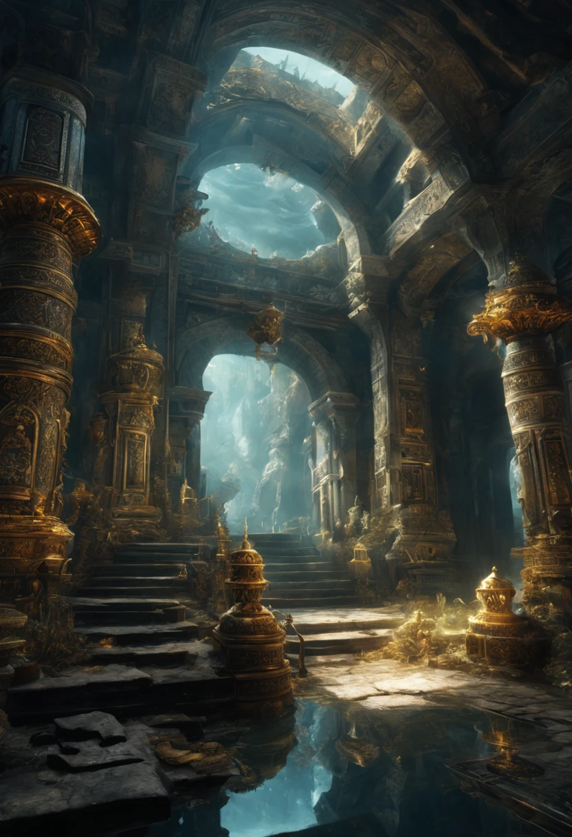 (A masterpiece in up to 16K resolution), best quality, (Very detailed CG uniform 16k wallpaper quality),(intricate details:1.4), (Extremely crazy details:1.4),(((Soft colors 4k highly detailed digital art:1.3))). | Panoramic view of ancient weapons inside underwater temple, When the weapon glows magically, Each Gilt is detailed and rendered using superb gouache techniques,Surrounded by crystal clear water, Magical light shines everywhere, magical environment, cleverly illuminate,fantasy art behavior,Surrealism, its beauty and power captured,It gives an awesome aura.
