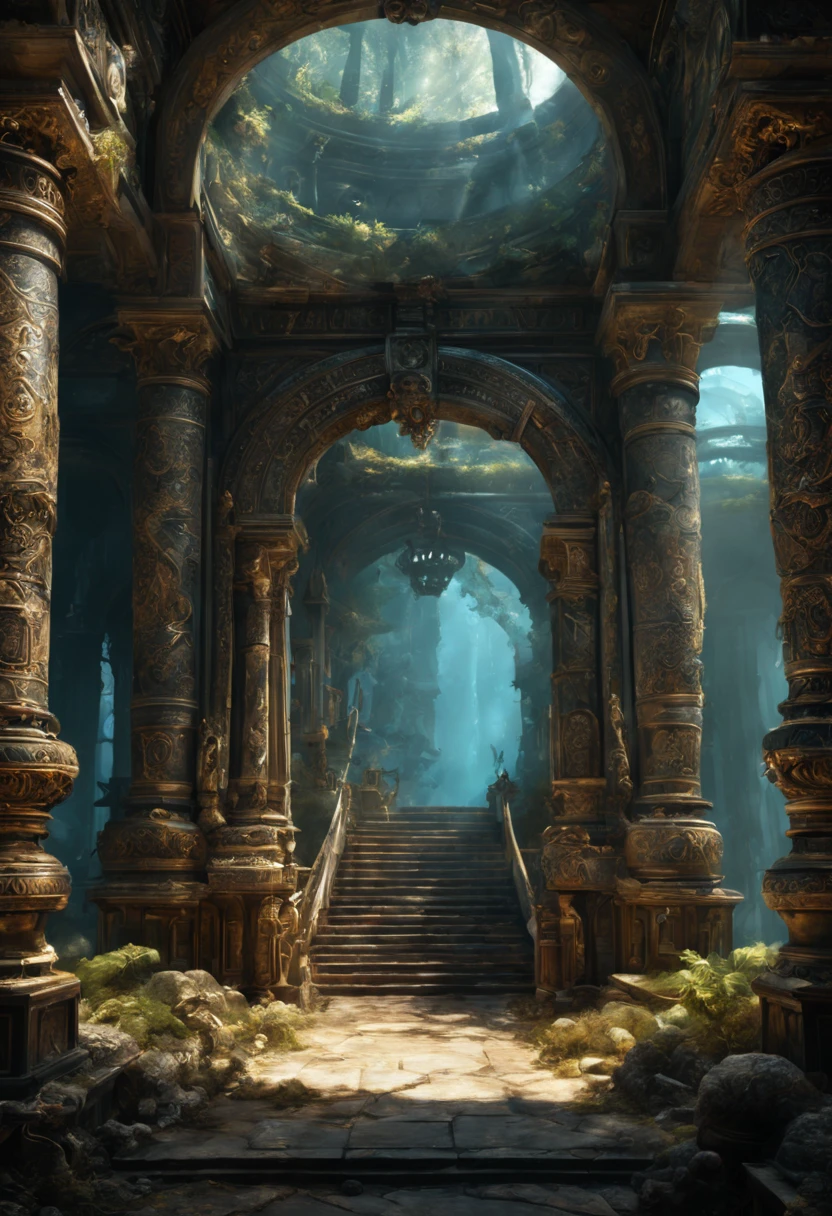 (A masterpiece in up to 16K resolution), best quality, (Very detailed CG uniform 16k wallpaper quality),(intricate details:1.4), (Extremely crazy details:1.4),(((Soft colors 4k highly detailed digital art:1.3))). | Panoramic view of ancient weapons inside underwater temple, When the weapon glows magically, Each Gilt is detailed and rendered using superb gouache techniques,Surrounded by crystal clear water, Magical light shines everywhere, magical environment, cleverly illuminate,fantasy art behavior,Surrealism, its beauty and power captured,It gives an awesome aura.