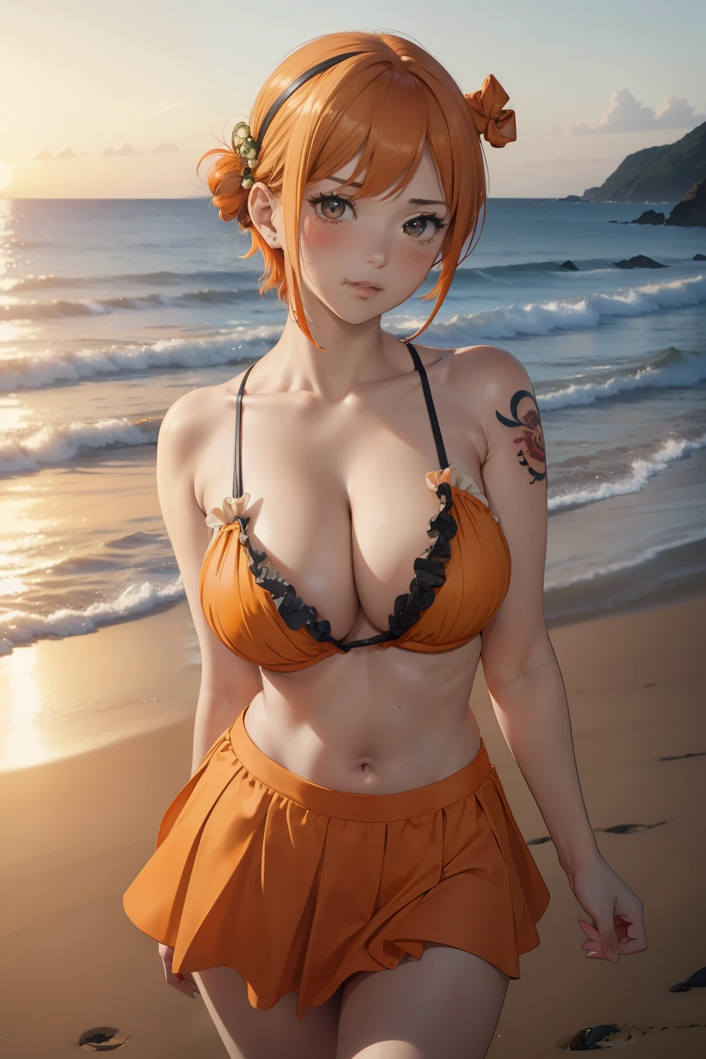 (masterpiece, best quality, cinematic, photorealistic, ultra-detailed), 1girl, thicc, (medium shot:1.5), (Nami of One Piece), (orange hair short bob cut hairstyle), perfect hands, perfect face, (bursting breasts, large cleavage:1.4), round ass, (wearing bikini top and skirt), (tangerine and pinwheel tattoo on her left shoulder:1.5), (seductive pose), (brown eyes, detailed pupils, blushing, slightly parted lips, nude lips:1.2), (sensual pose), (seaside, sunset)