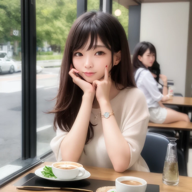 woman sitting at a table with a plate of food and a cup of coffee, beautiful south korean woman, korean girl, beautiful young korean woman, gorgeous young korean woman, ulzzang, lovely woman, young and cute girl, girl cute-fine-face, beautiful asian girl, cute woman, attractive girl, a cute young woman, young adorable korean face