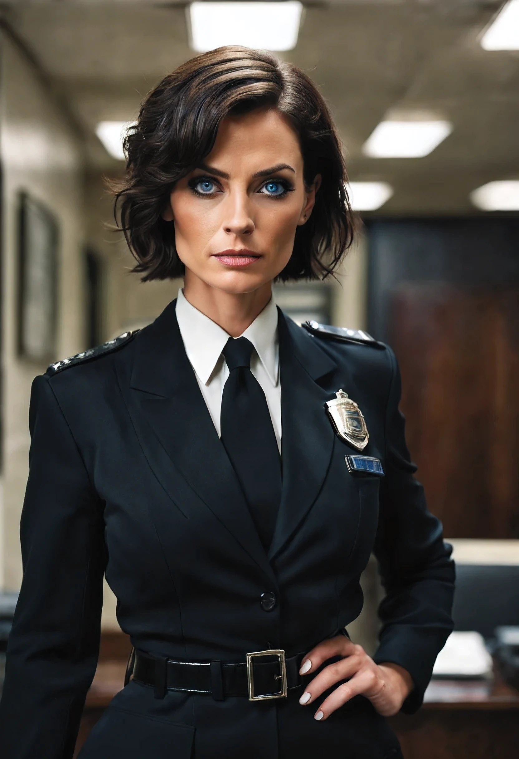 A female detective in her early 40's, tall and wide-shouldered with a good physique, dressed as a formal black suit investigation officer with short hair, a prominent jawline, and piercing blue eyes, beaytiful face, long hair clipped. the scene is in a police station