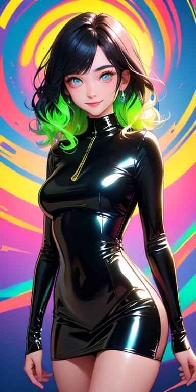 (black hair,colorful fluorescence multicolored hair:1.5,wavy hair:1.5), (masterpiece, sidelights, exquisite beautiful eyes: 1.5), masterpiece*portrait, realistic, ((Colorful background of different colors:1.5)),(Gentle face:1.5),colorful,3D face,(cute face),front view: 1.6、 (glowing red eyes:1.2),(tareme:1.5)、(cute smile:1.5),,Slim Body, shiny hair, shiny skin: 1.5、medium breasts,、solo,(stand)、(latex dress:1.5)、(charactor focus:1.5、portlate、eye focus,cowboy shot)、bright atmosphere,intricatedetails